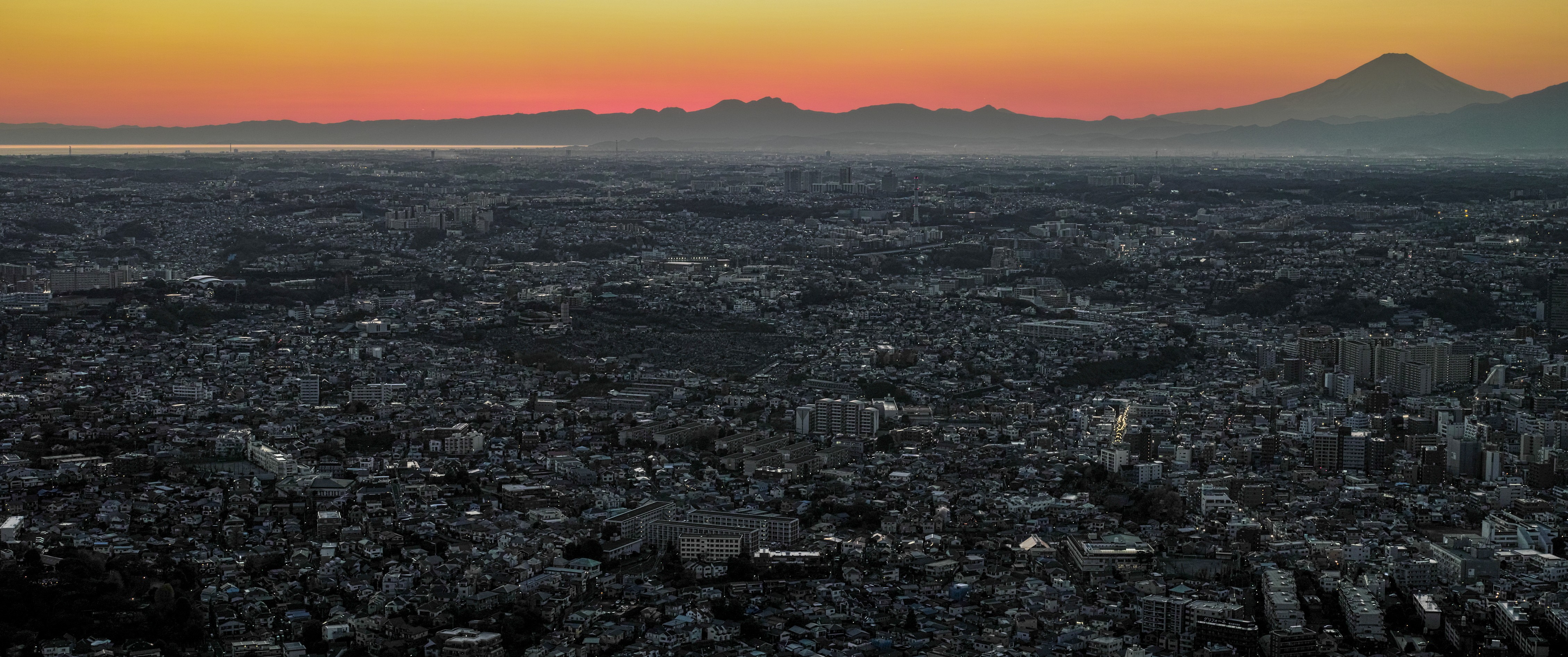 General 4517x1892 city Japan Tokyo Mount Fuji cityscape sunrise Asia orange sky ultrawide low light aerial view
