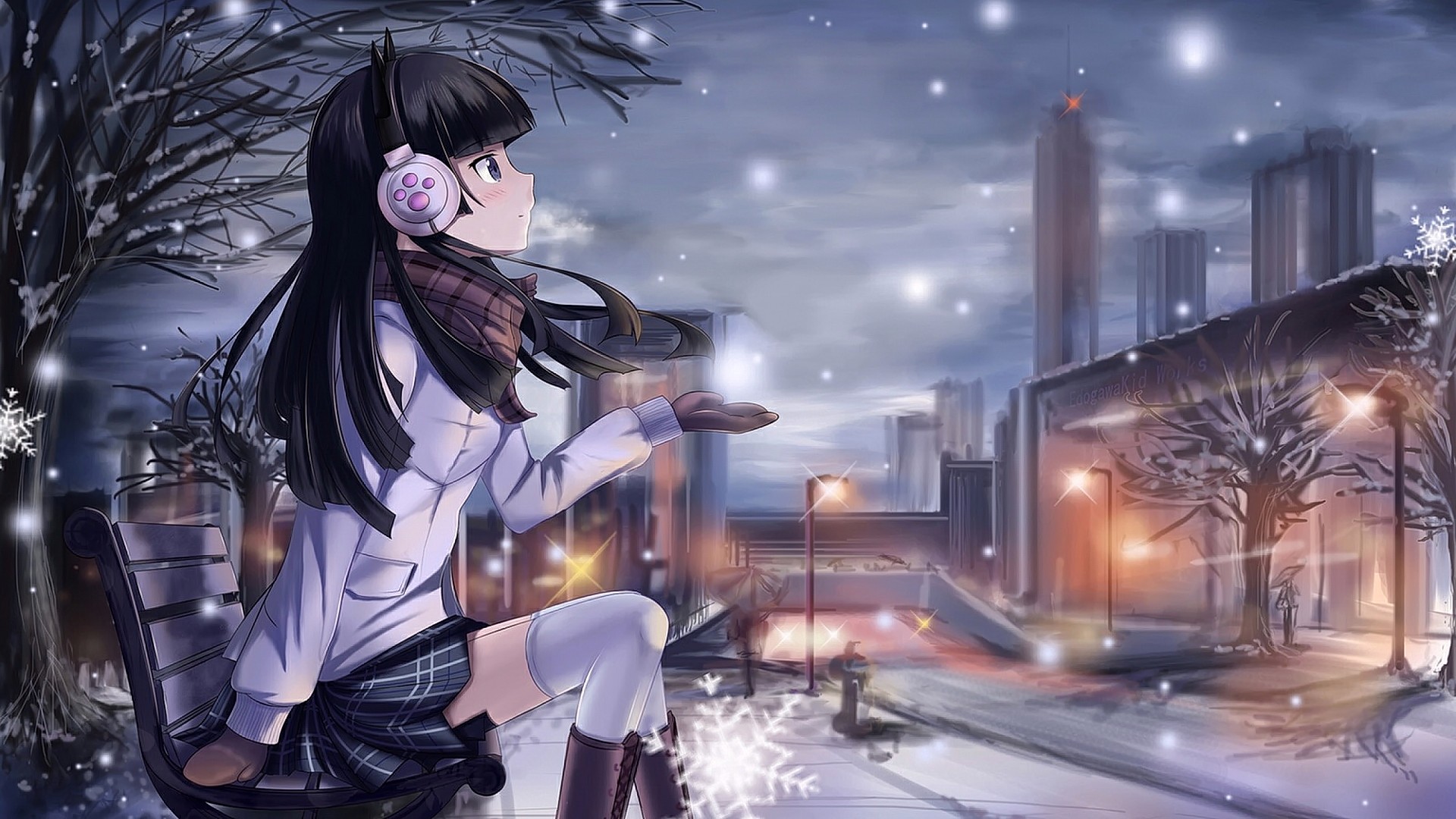 Anime 1920x1080 anime girls headphones cold winter women outdoors profile