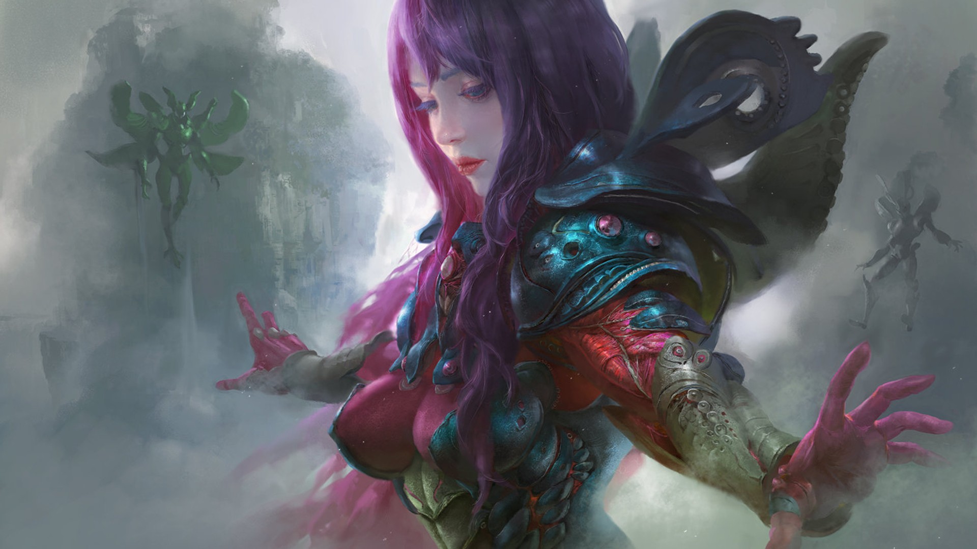 General 1920x1080 digital art fantasy art boobs redhead fantasy girl women purple hair red lipstick fantasy armor armor