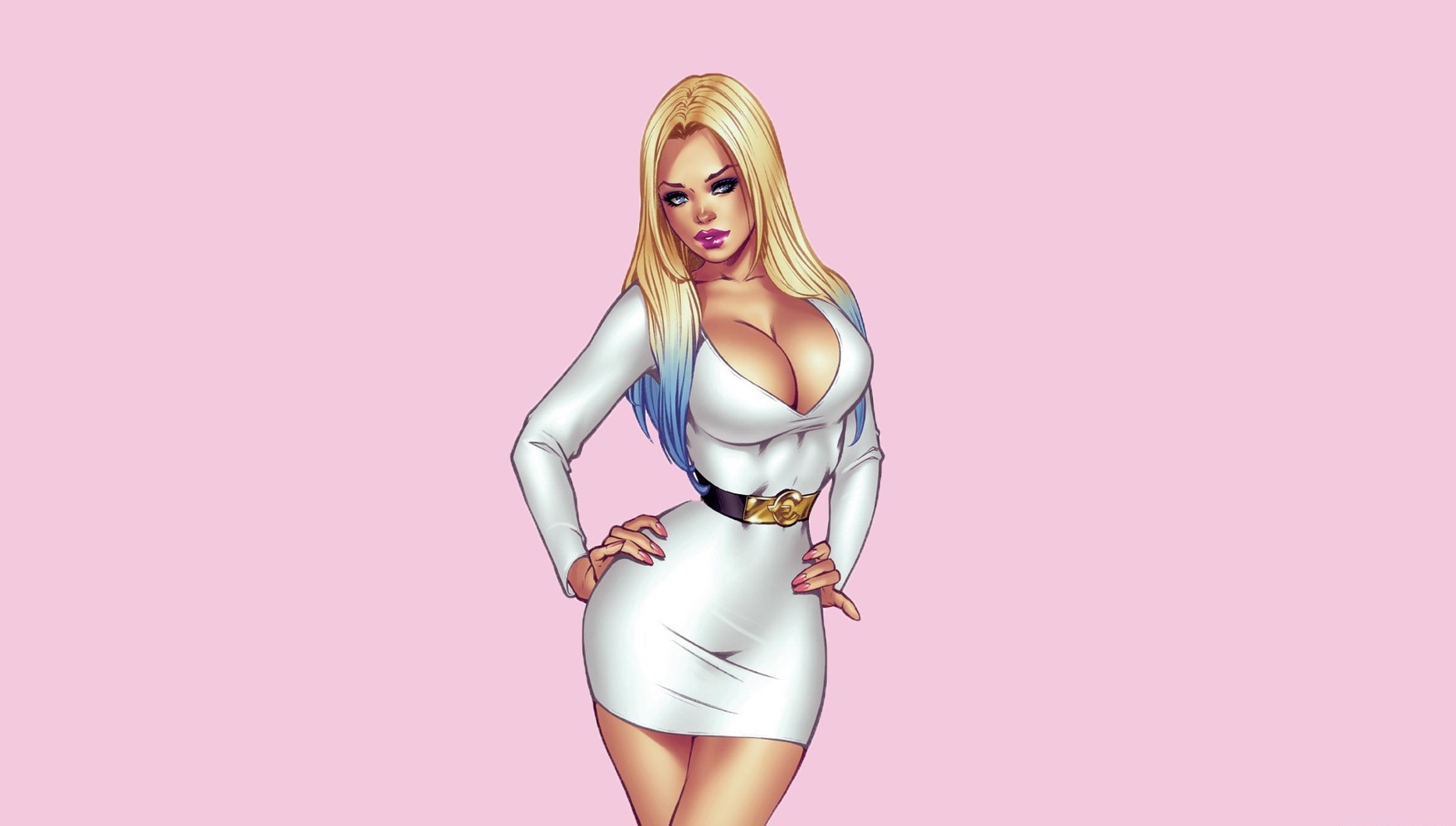 General 1866x1058 artwork women big boobs Elias Chatzoudis dress looking at viewer simple background hands on hips curvy white dress white clothing pink background blonde long hair painted nails pink nails purple lipstick