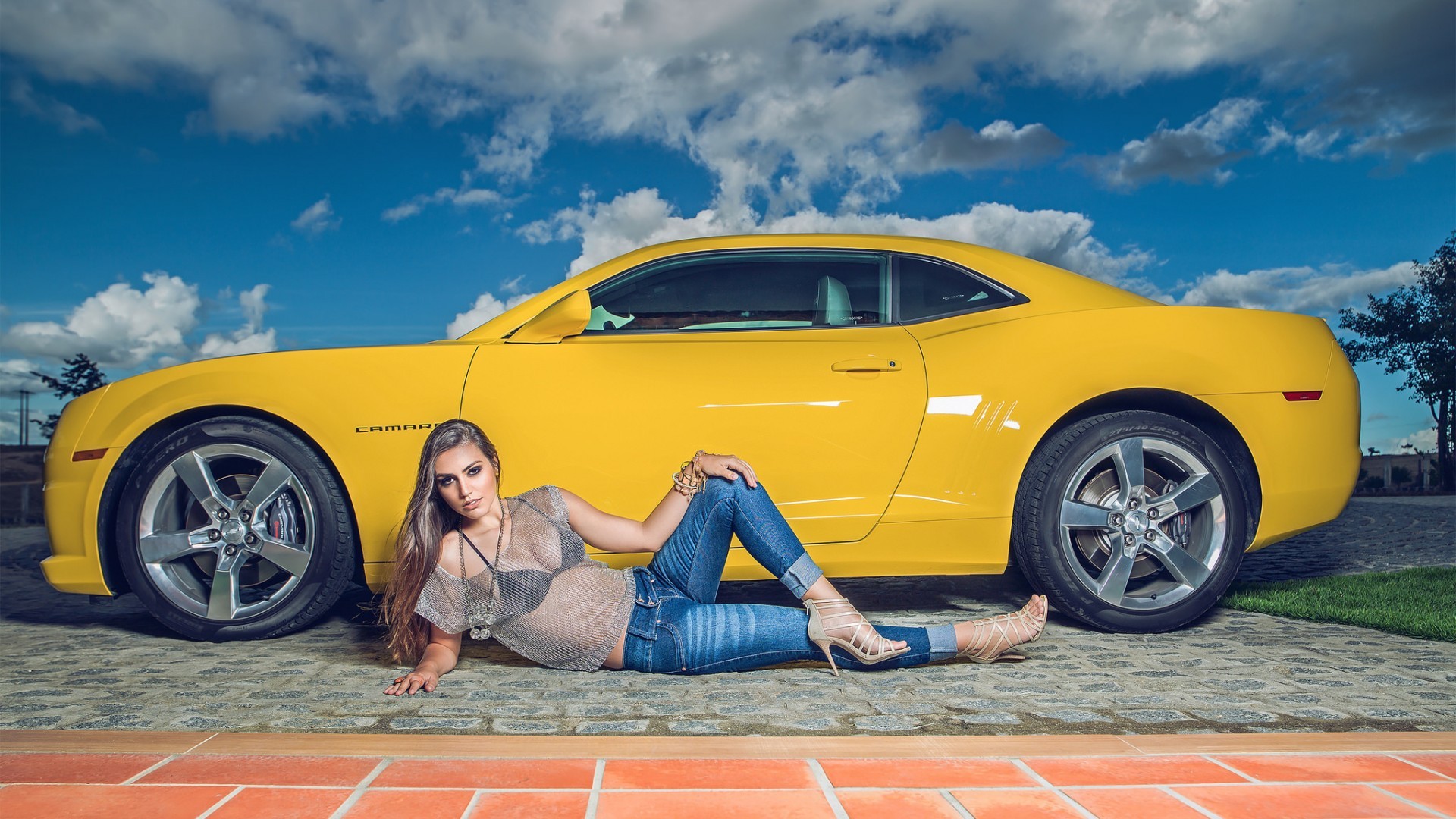 People 1920x1080 women Chevrolet Camaro women with cars Chevrolet yellow cars car vehicle heels model boobs bra see-through clothing looking at viewer long hair jeans black bras