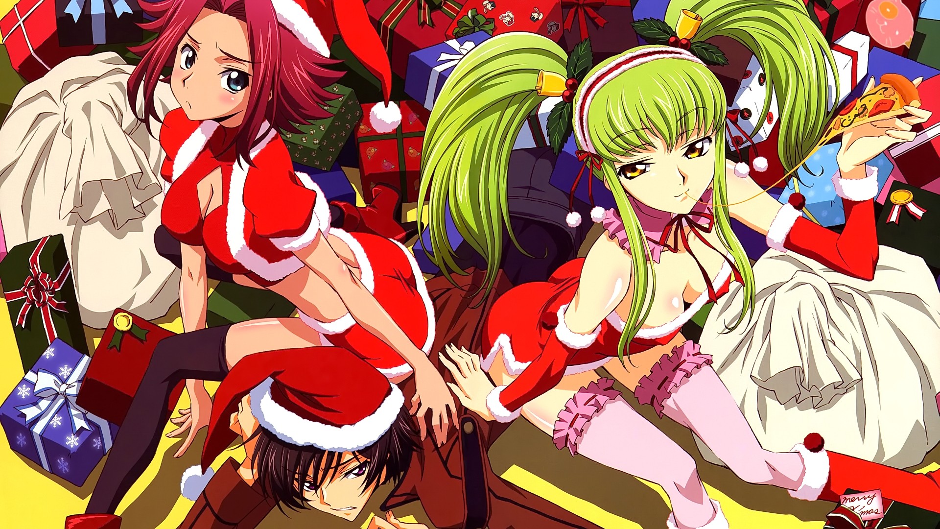 Anime 1920x1080 anime anime girls Kallen Stadtfeld C.C. (Code Geass) Code Geass Christmas Lelouch vi Britannia two women green hair redhead Santa hats Christmas presents presents food pizza bright