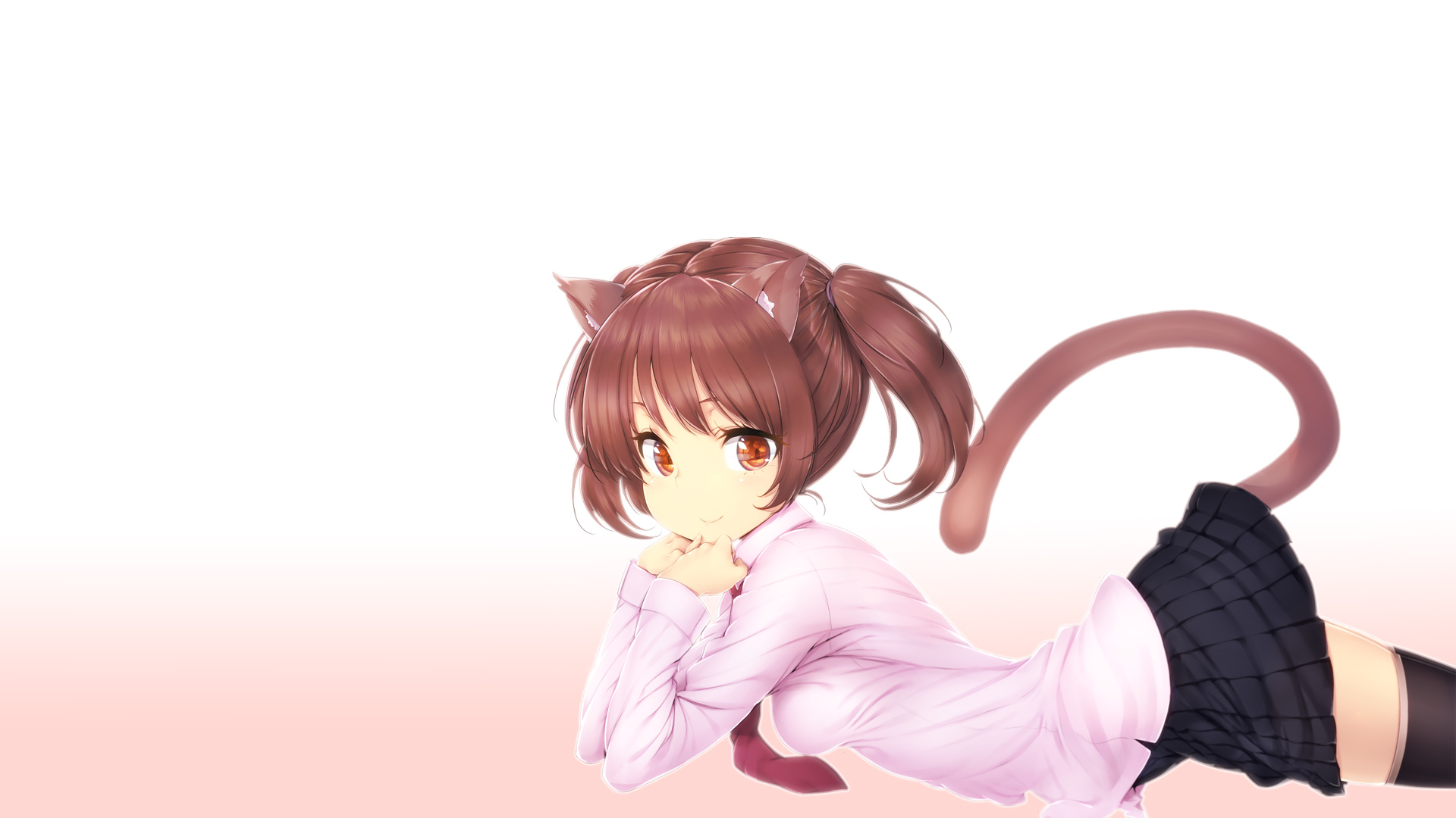 Anime 1920x1080 anime anime girls cat girl original characters lying on front white background simple background tail animal ears skirt tie looking at viewer