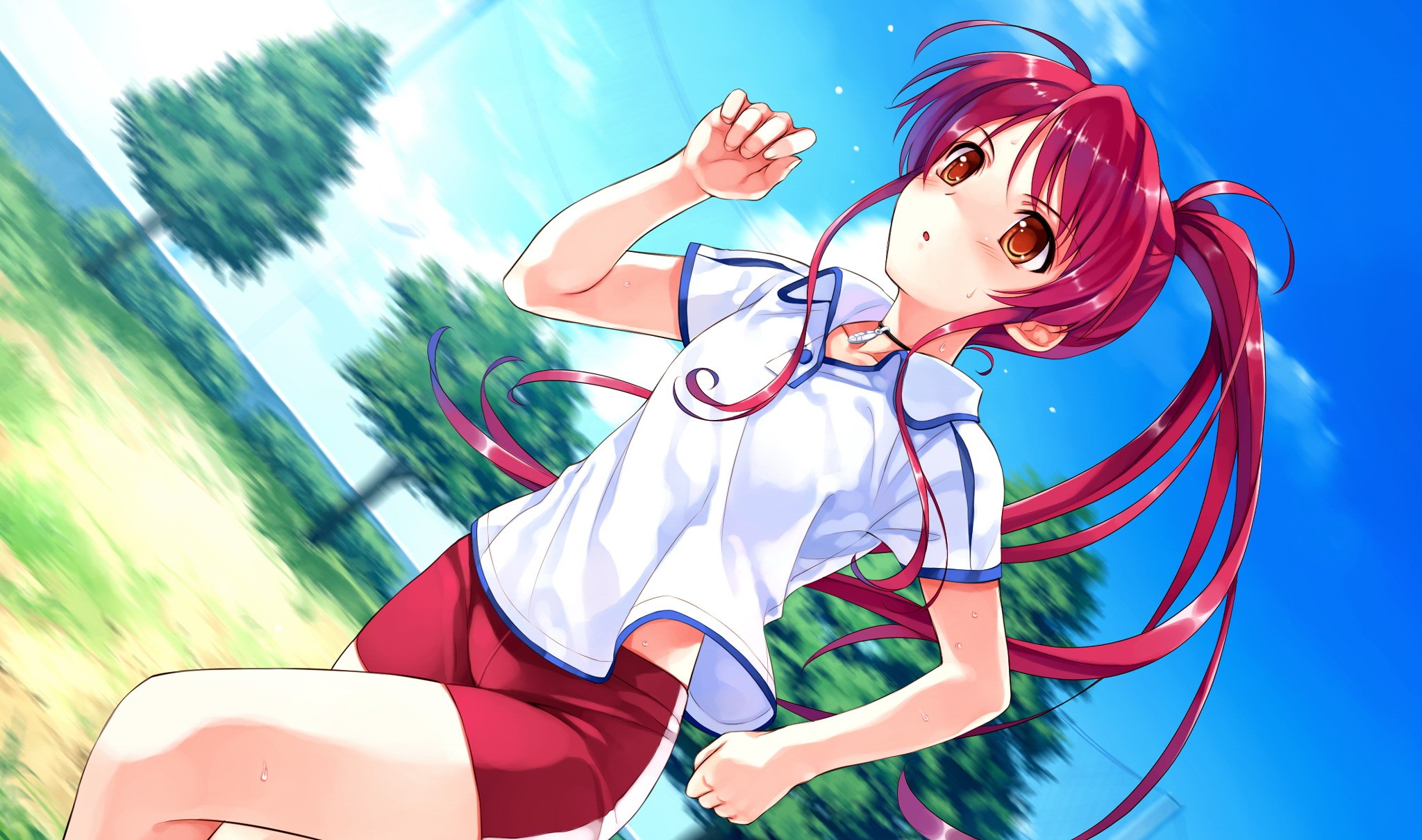 Anime 2048x1210 Deep Blue Sky & Pure White Wings anime girls redhead running anime Misaki Kurehito long hair sport exercise red eyes