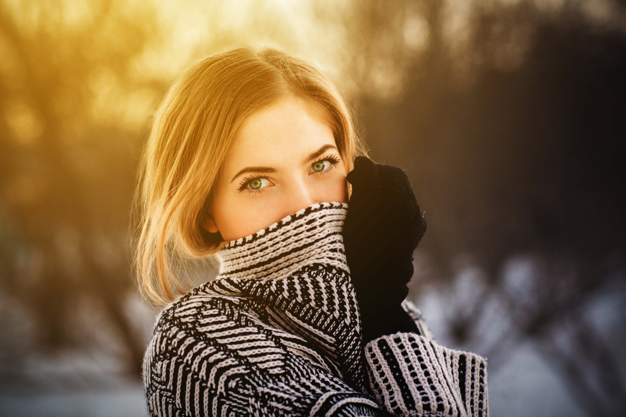 People 2048x1365 women blonde green eyes face portrait women outdoors Aleksei Gilev covered face looking at viewer black gloves covering face gloves model closeup