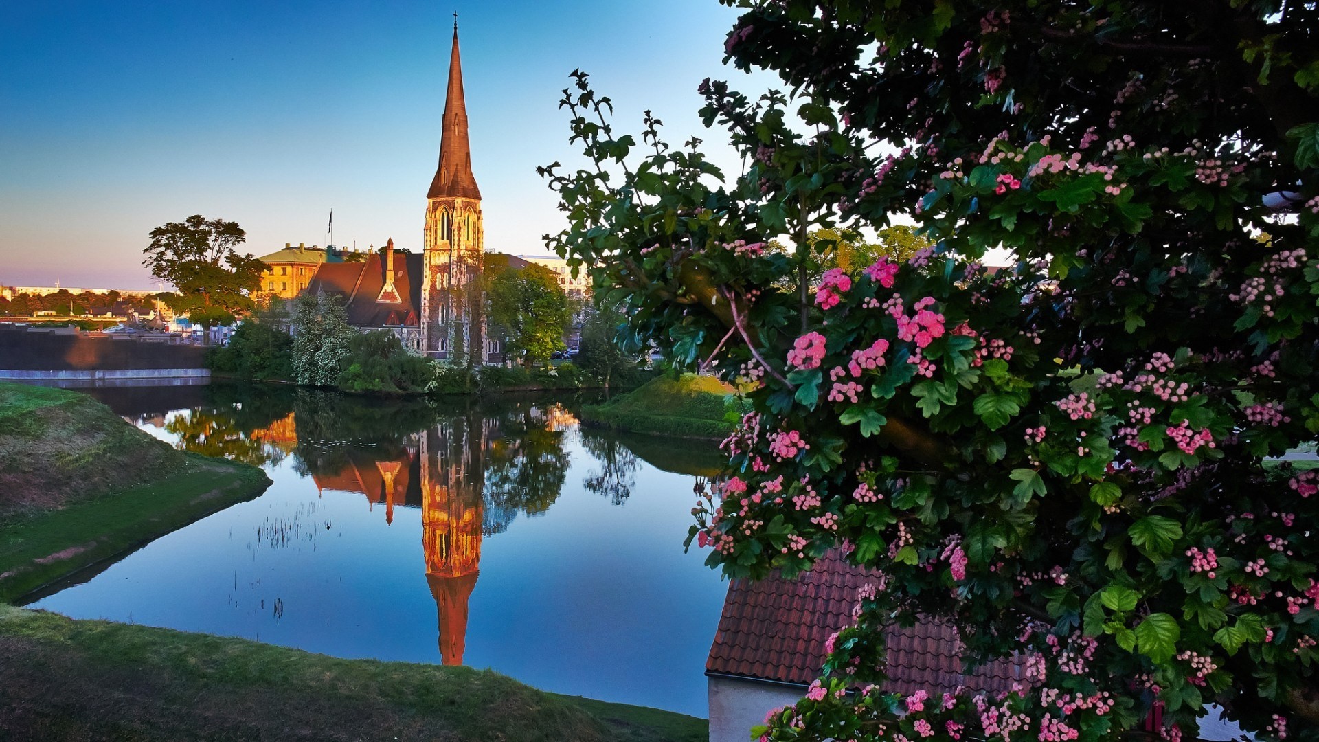 General 1920x1080 architecture house trees branch Copenhagen Denmark church tower water reflection flowers leaves clear sky