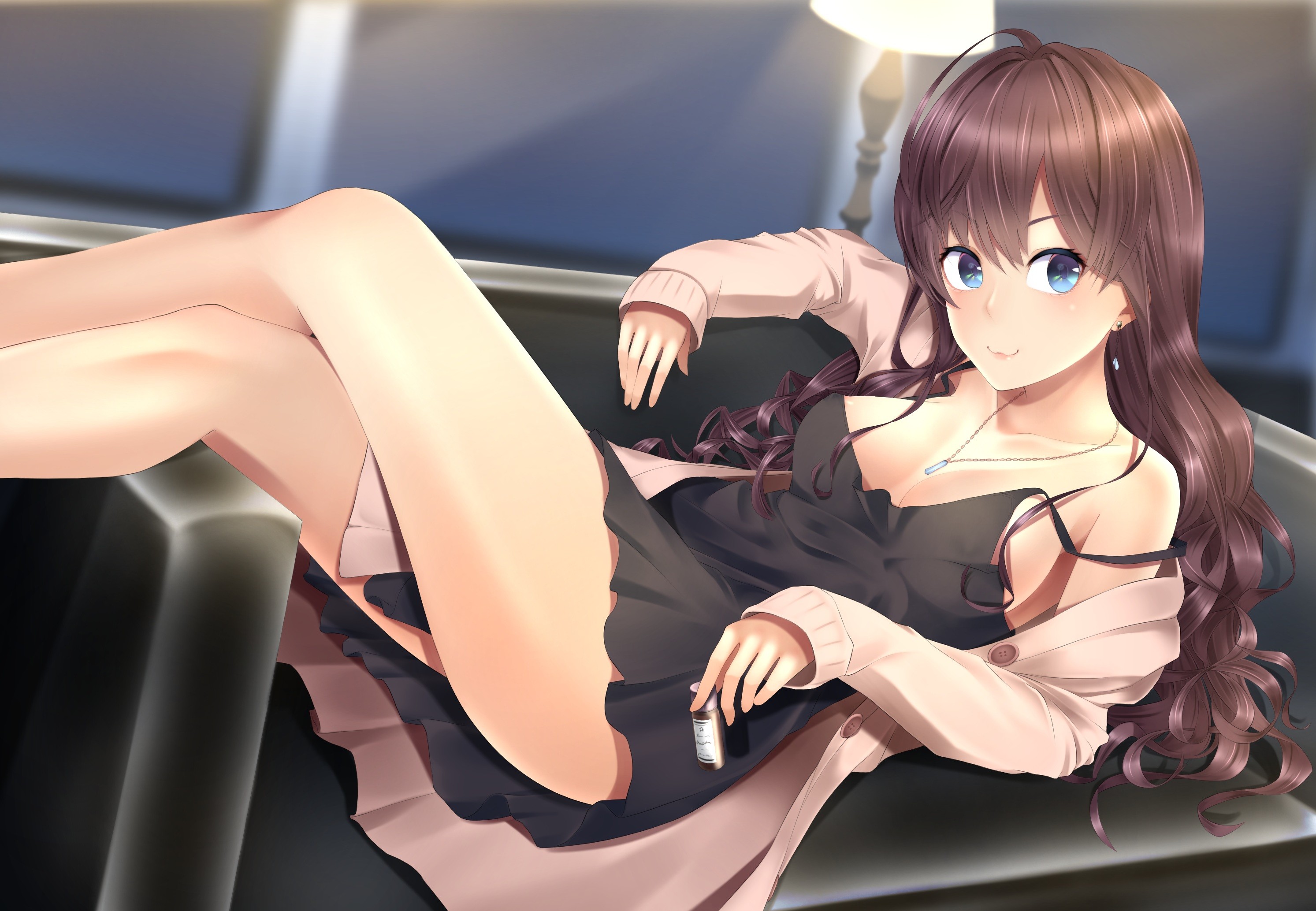 Anime 2986x2067 THE iDOLM@STER THE iDOLM@STER: Cinderella Girls Ichinose Shiki anime anime girls legs crossed brunette blue eyes legs looking at viewer women women indoors necklace boobs long hair