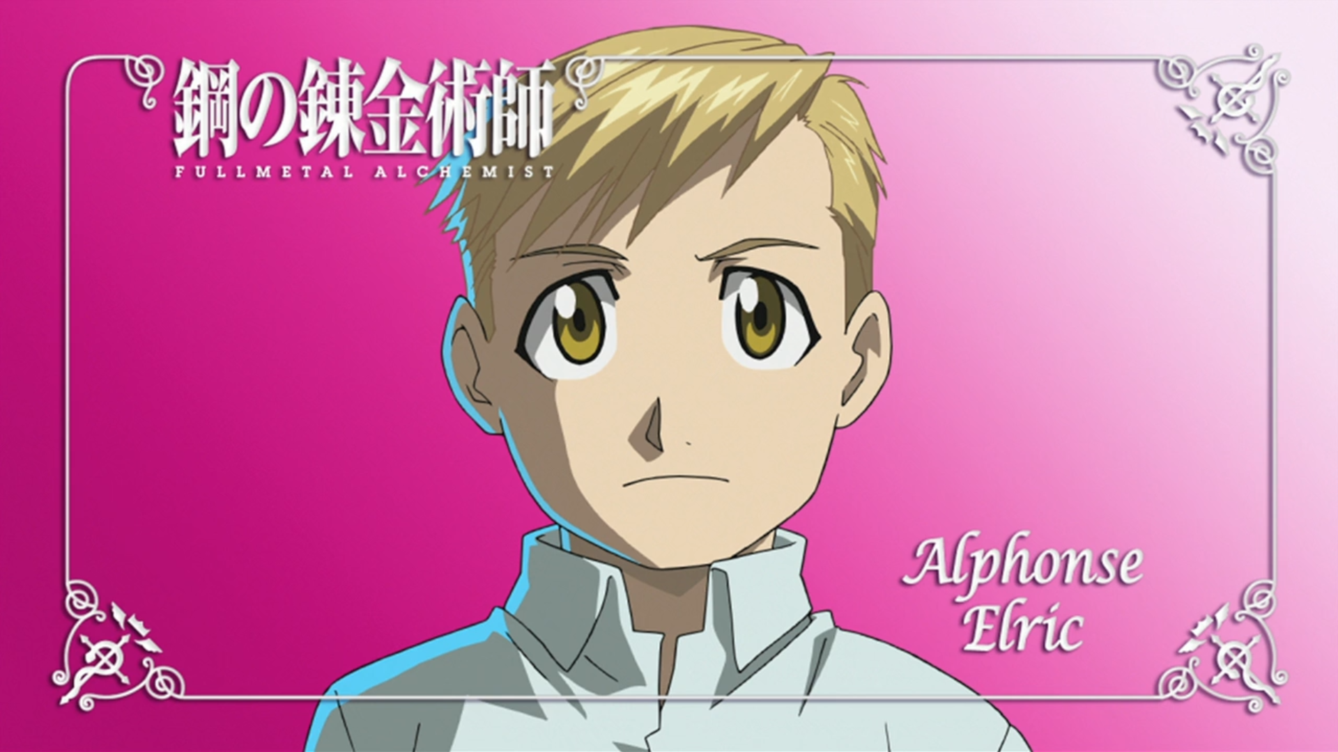 Anime 1920x1080 Fullmetal Alchemist: Brotherhood Elric Alphonse anime boys pink background face anime gradient yellow eyes