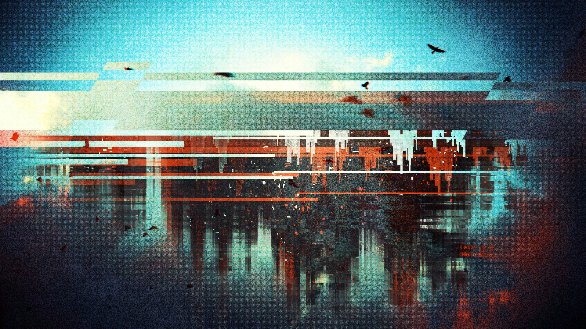 General 1920x1080 abstract cityscape lines distortion birds cyan glitch art orange