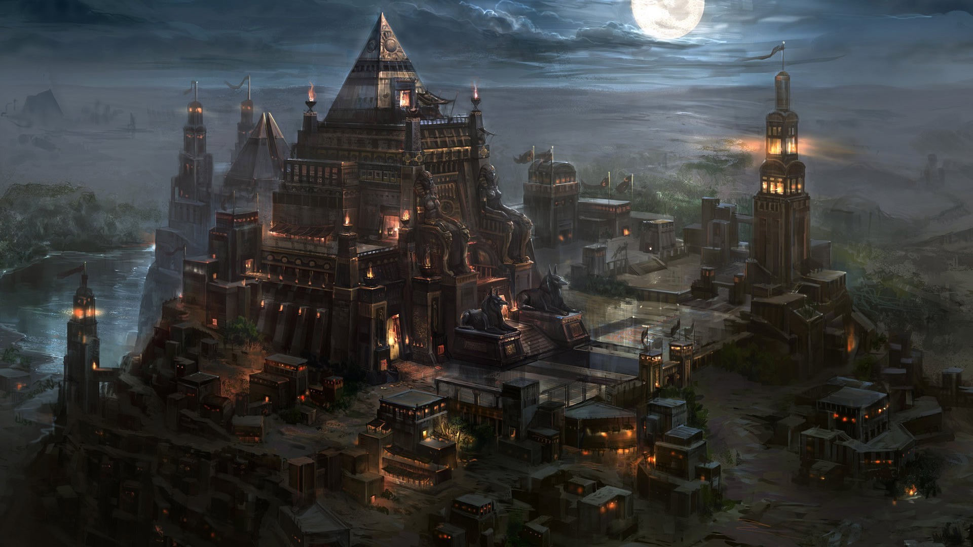 General 1920x1080 artwork fantasy art pyramid temple night moonlight Moon building architecture Egyptian high angle oriental