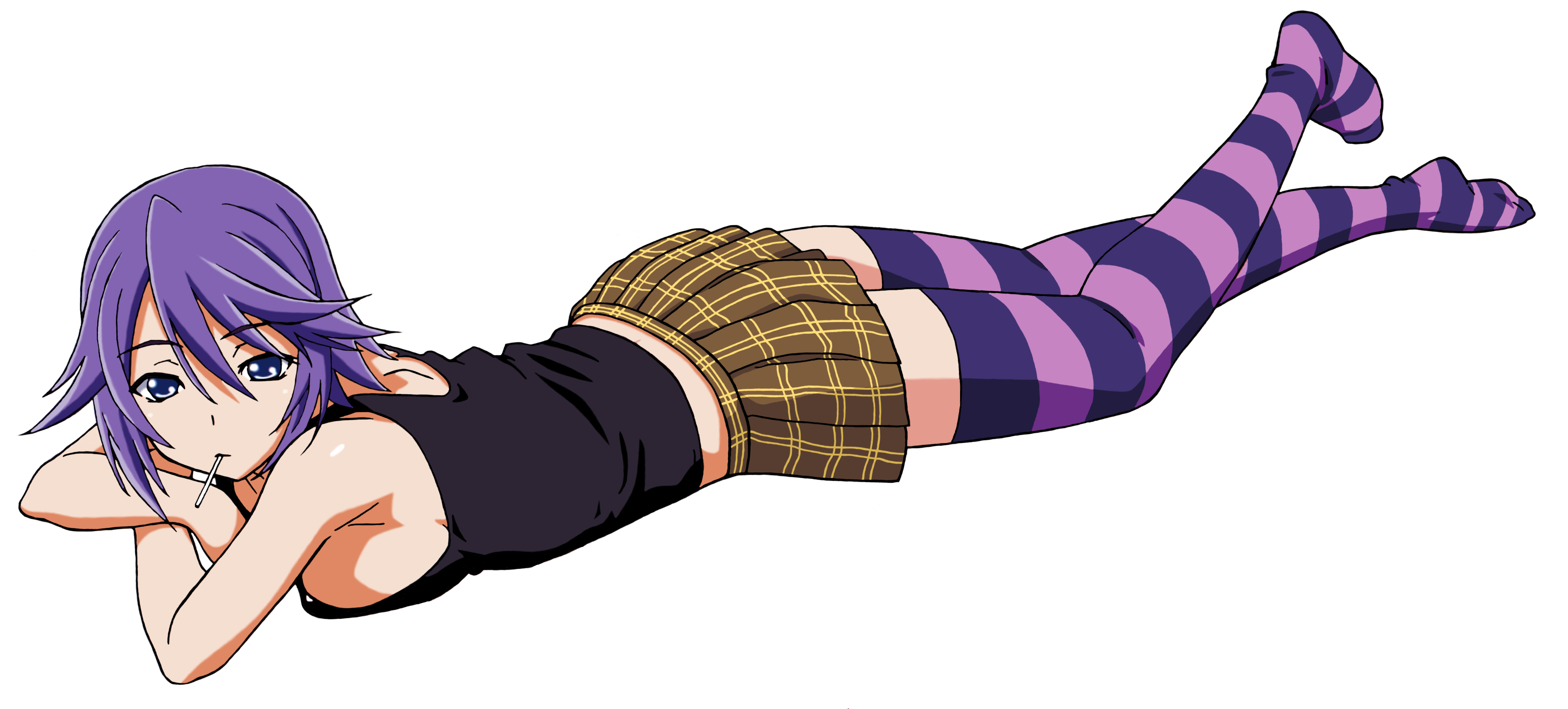 Anime 3856x1744 vector purple skirt thigh-highs Rosario + Vampire Shirayuki Mizore lying on front