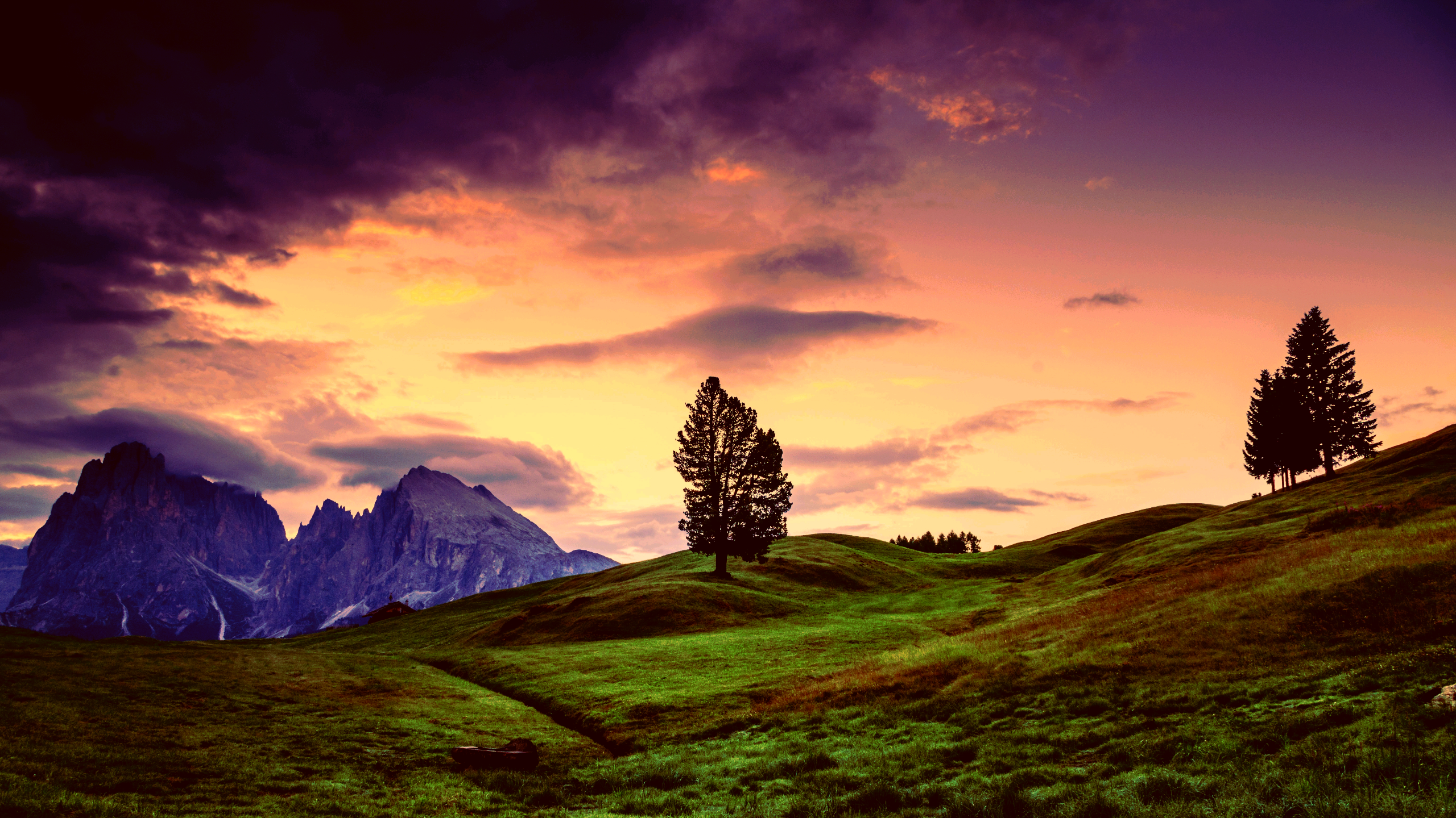 General 2560x1440 landscape mountains green grass hills trees sky clouds purple storm stones colorful