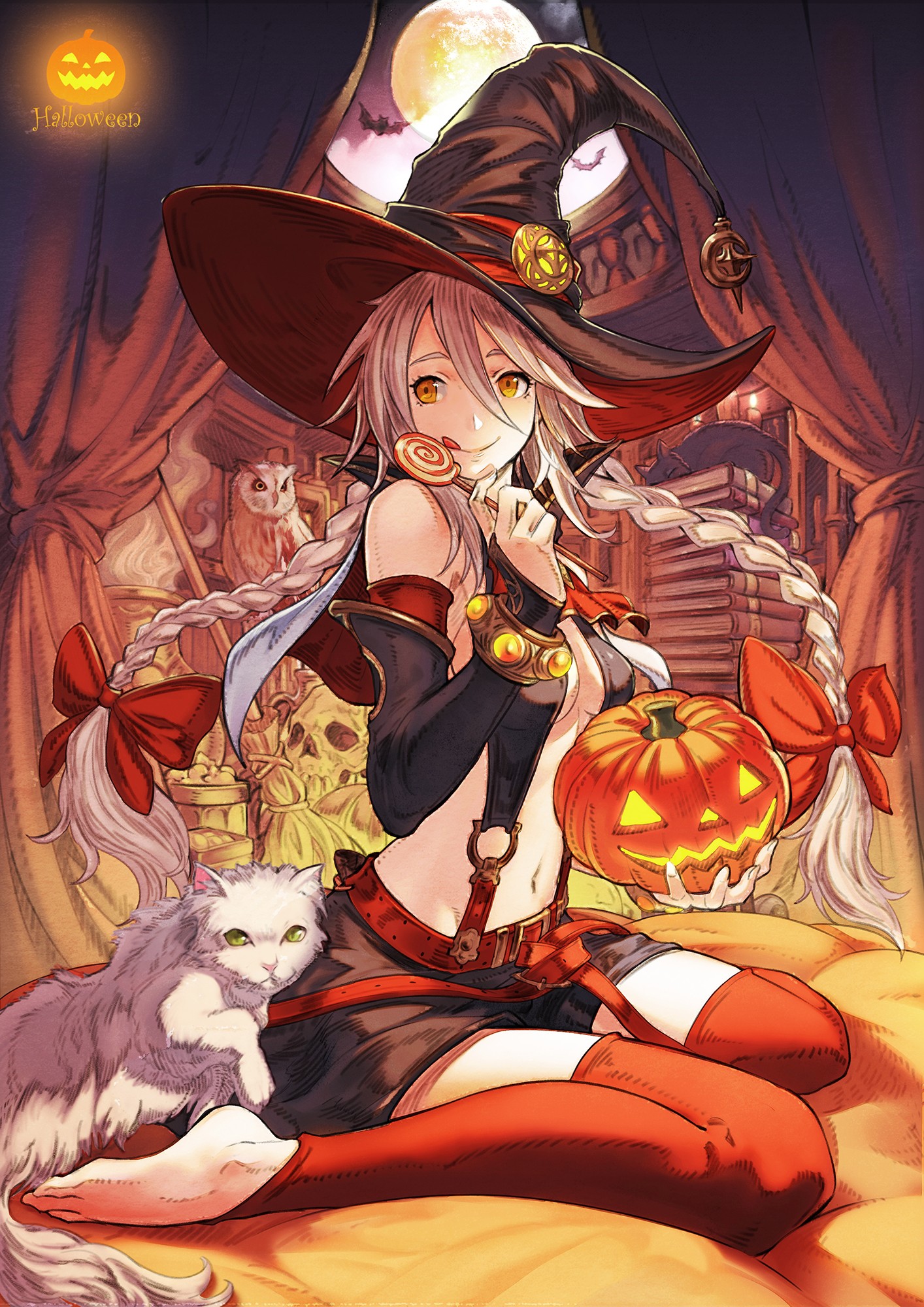 Anime 1414x2000 pumpkin cats candy blonde witch hat no bra Pixiv belly stockings tongues tongue out looking at viewer Halloween