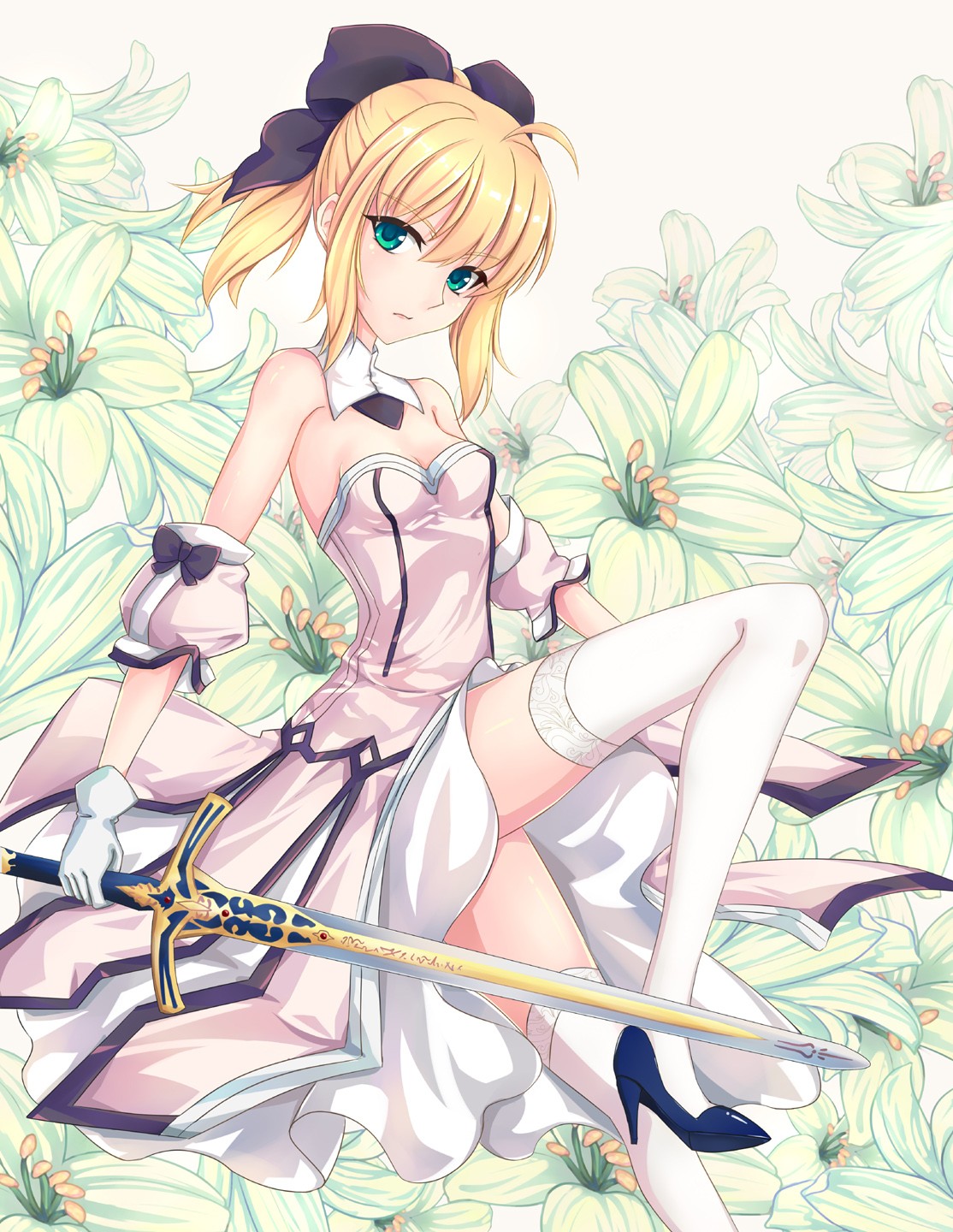 Anime 1114x1440 anime anime girls long hair Fate series Saber Lily sword weapon flowers stockings short hair blonde green eyes open shirt