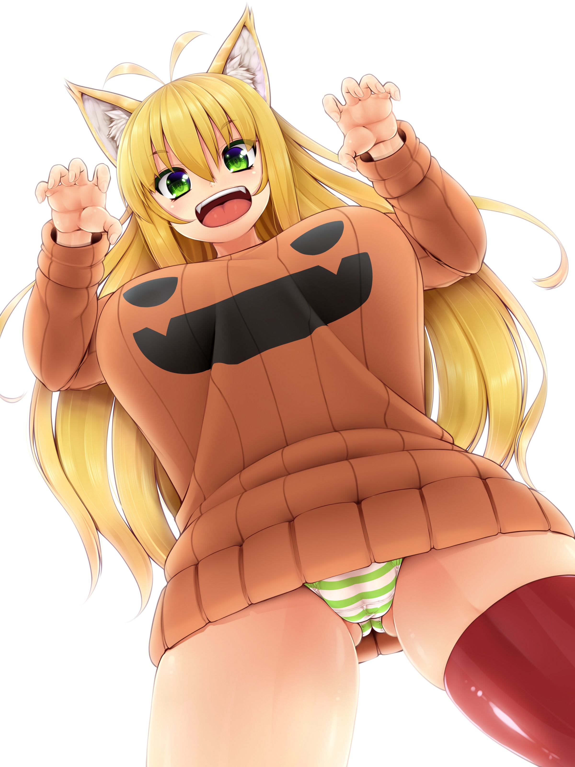 Anime 2400x3200 panties Halloween blonde cat ears long hair sweater striped panties big boobs anime girls