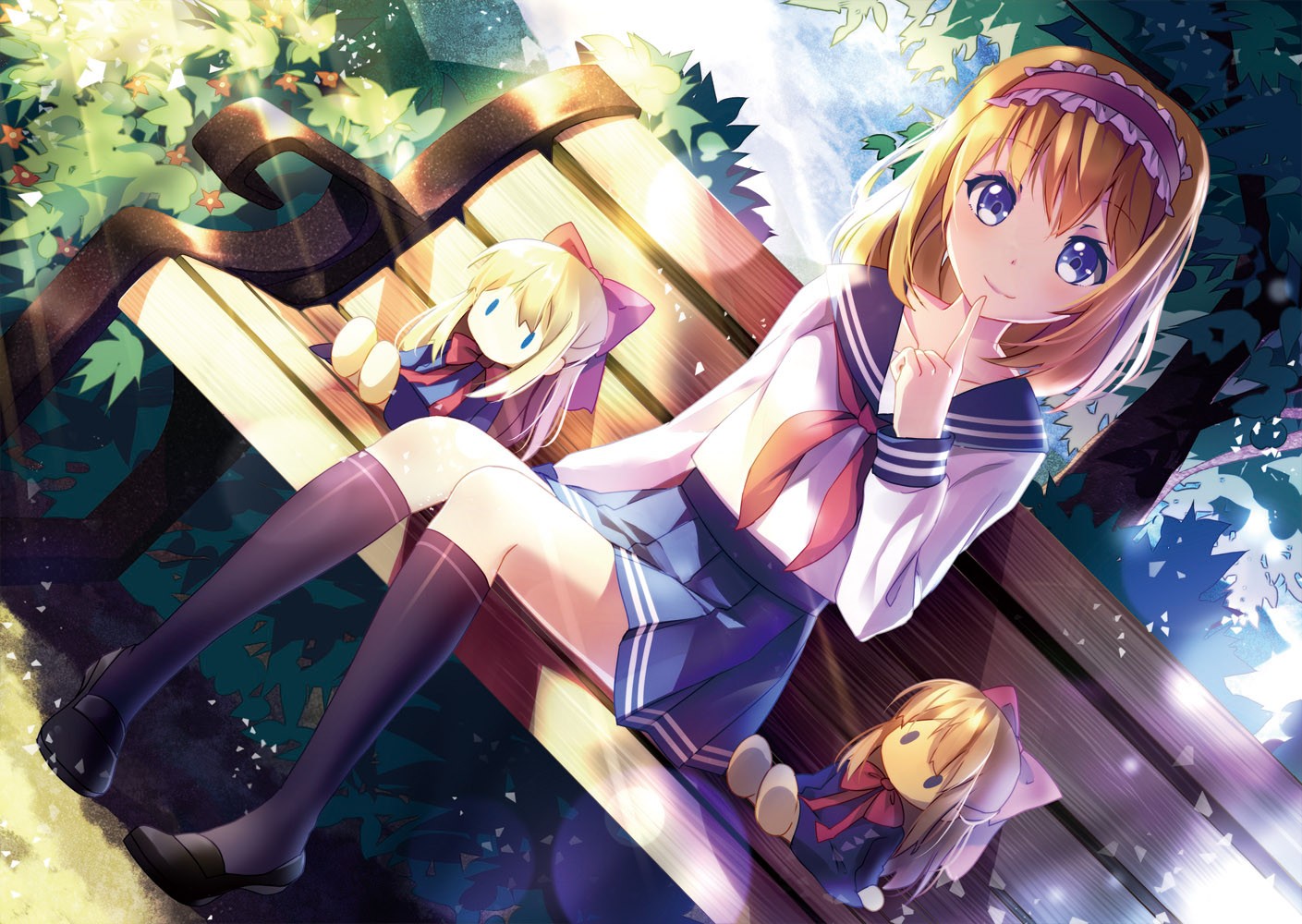 Anime 1409x1000 anime anime girls loli skirt long hair blonde blue eyes park Alice Margatroid socks shoes long sleeves bangs touching face pleated skirt doll smiling puppets thighs together Pixiv women outdoors