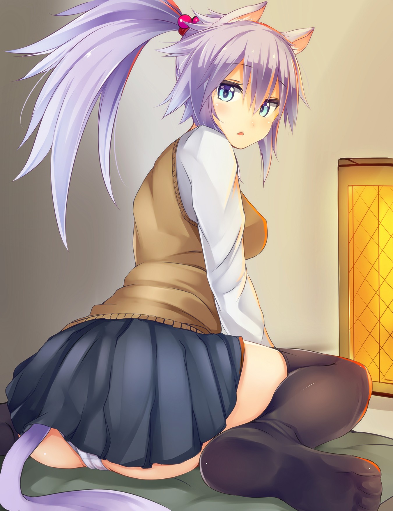 Anime 1350x1754 anime anime girls skirt tail underwear stockings long hair purple hair animal ears blue eyes