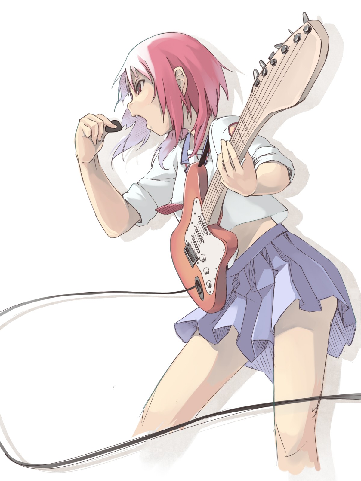 Anime 1200x1600 Angel Beats! anime anime girls guitar musical instrument pink hair miniskirt legs open mouth simple background white background