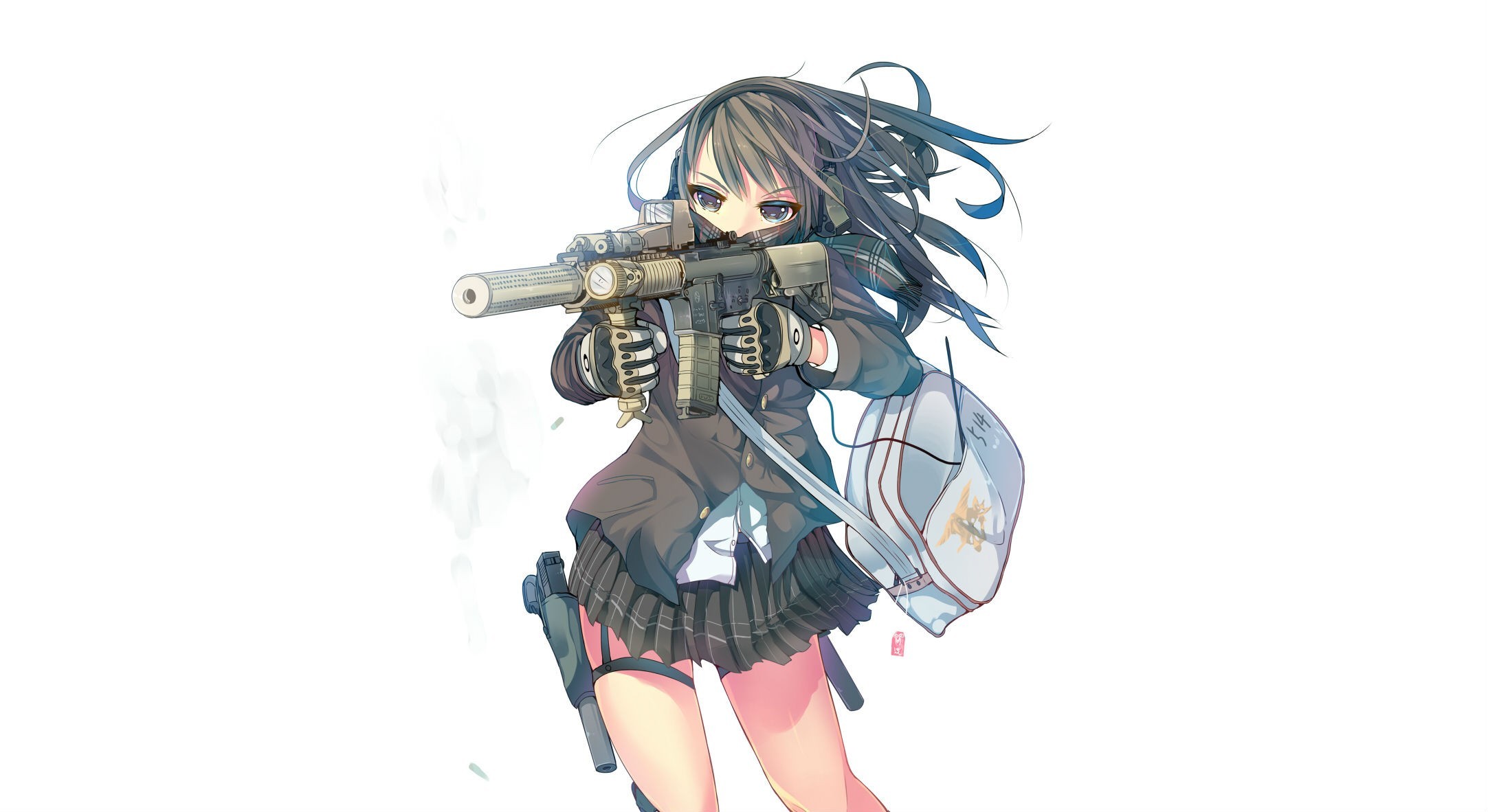Anime 2165x1182 anime girls Daito white background skirt assault rifle weapon scarf school uniform pistol