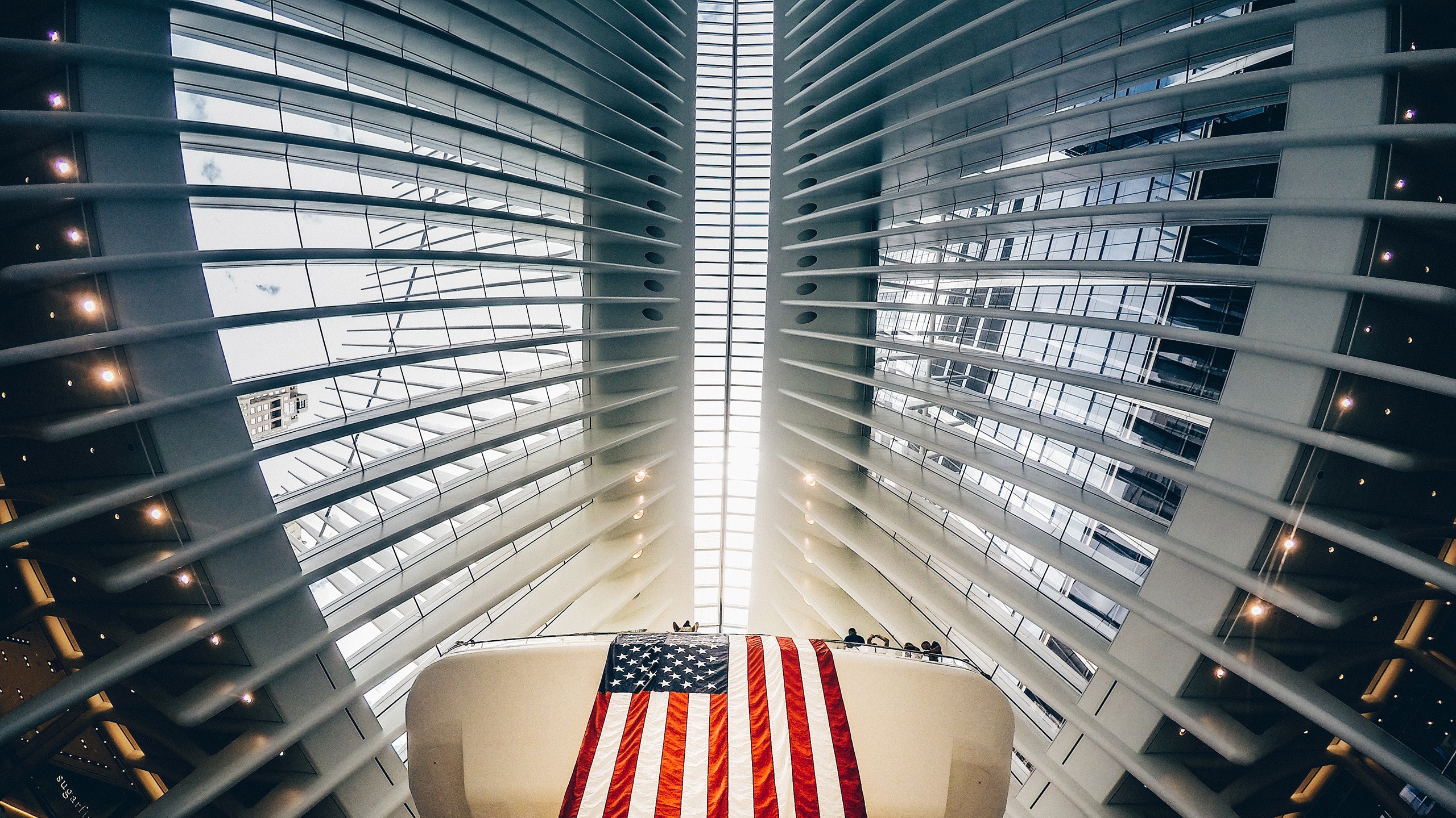 General 2560x1440 New York City Fulton Center building flag American flag worm's eye view bottom view