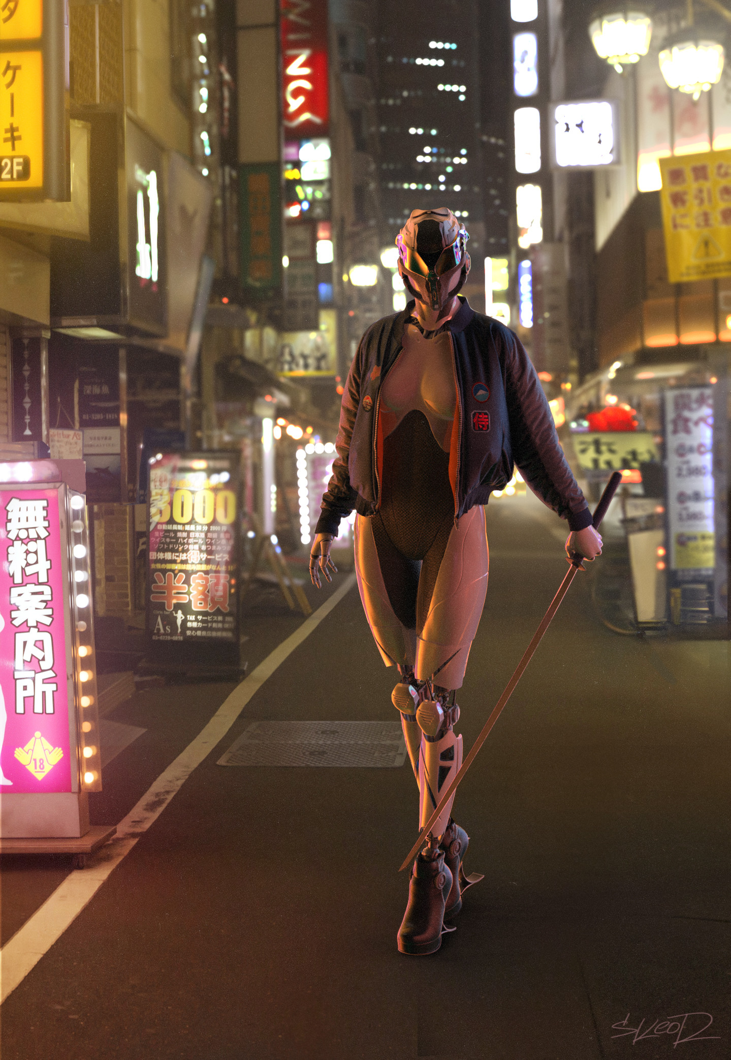 General 1439x2085 Tony Skeor women robot sword artwork neon digital art cyberpunk retrowave retro style Japan street cityscape