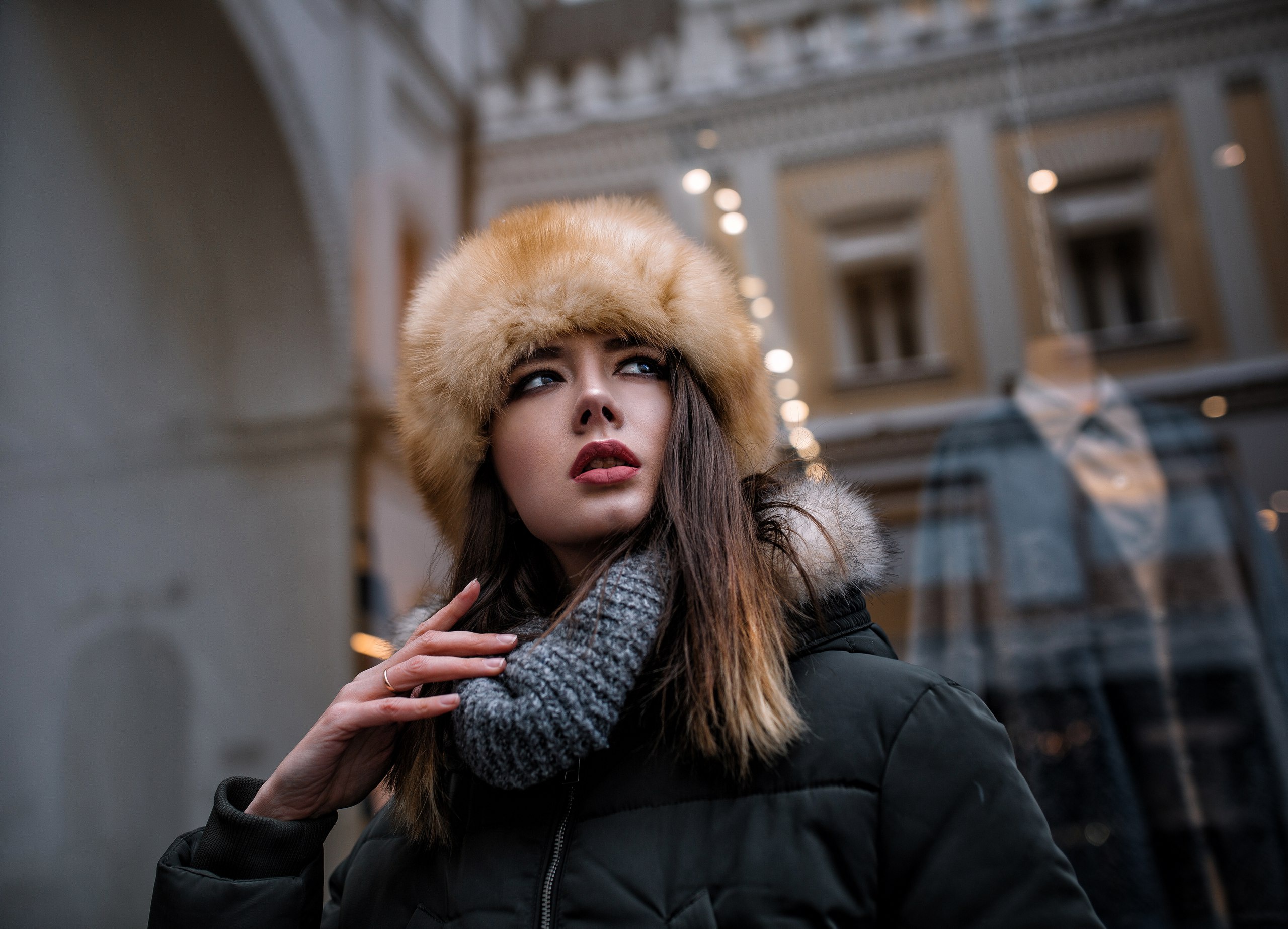 People 2560x1845 urban portrait women outdoors women Disha Shemetova fur cap black jackets touching hair looking away winter