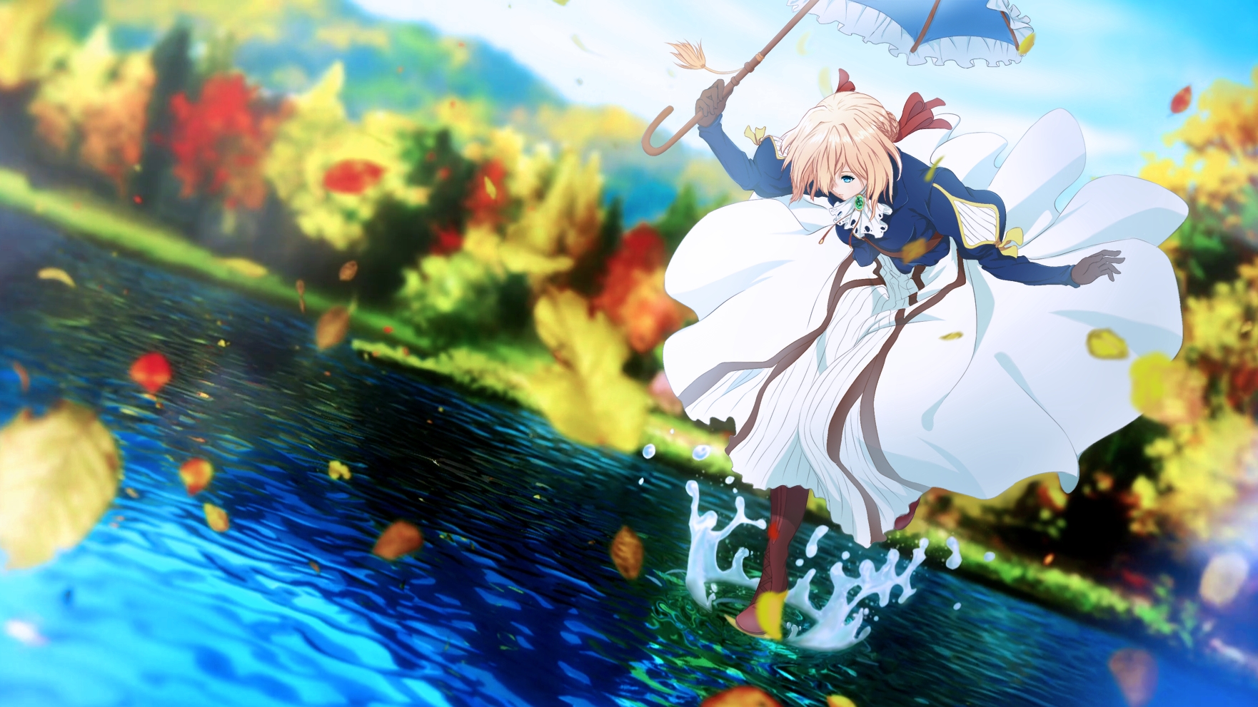 Anime 1762x991 Violet Evergarden anime girls water umbrella