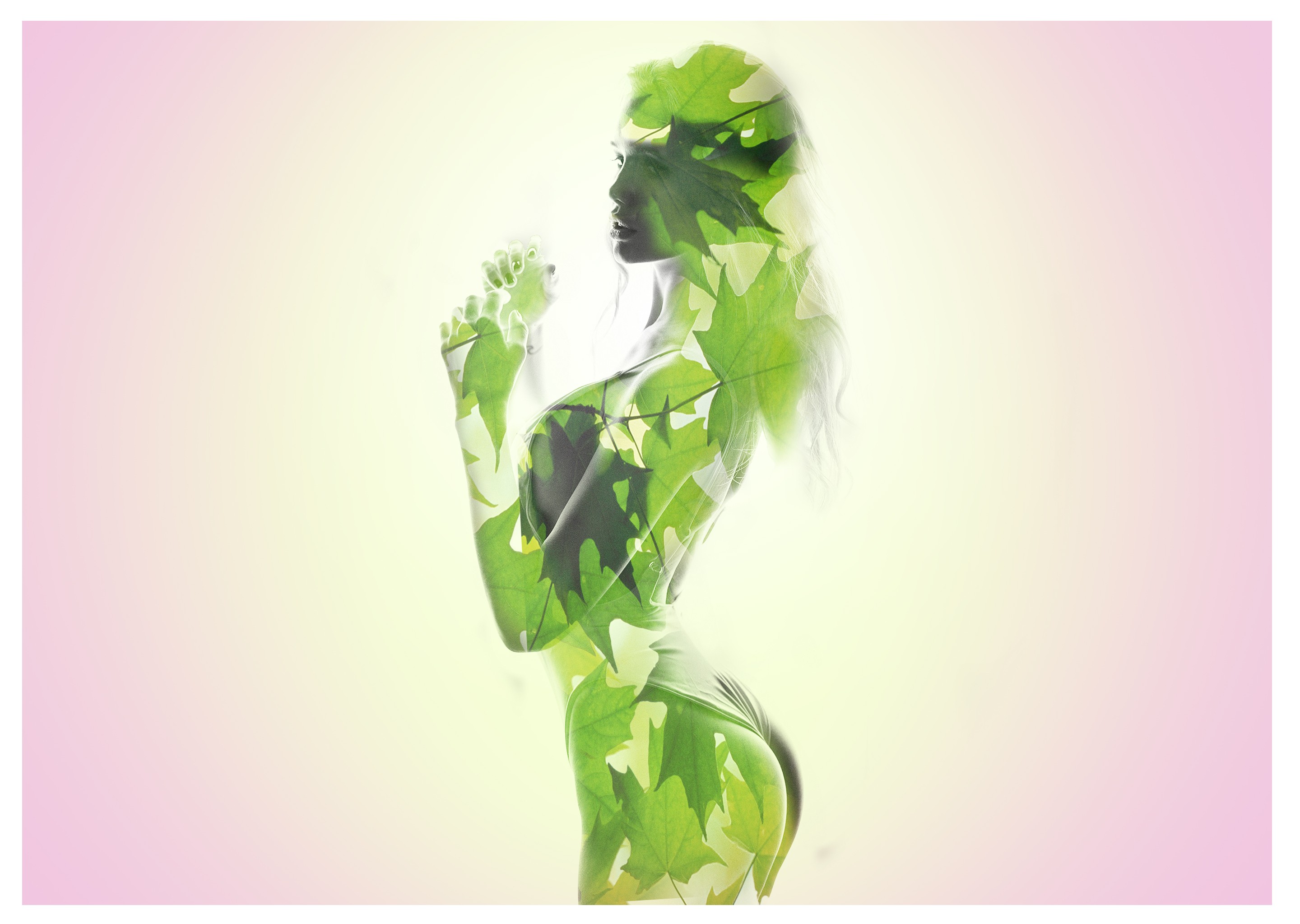 General 2880x2047 photoshopped leaves double exposure women green simple background digital art frame