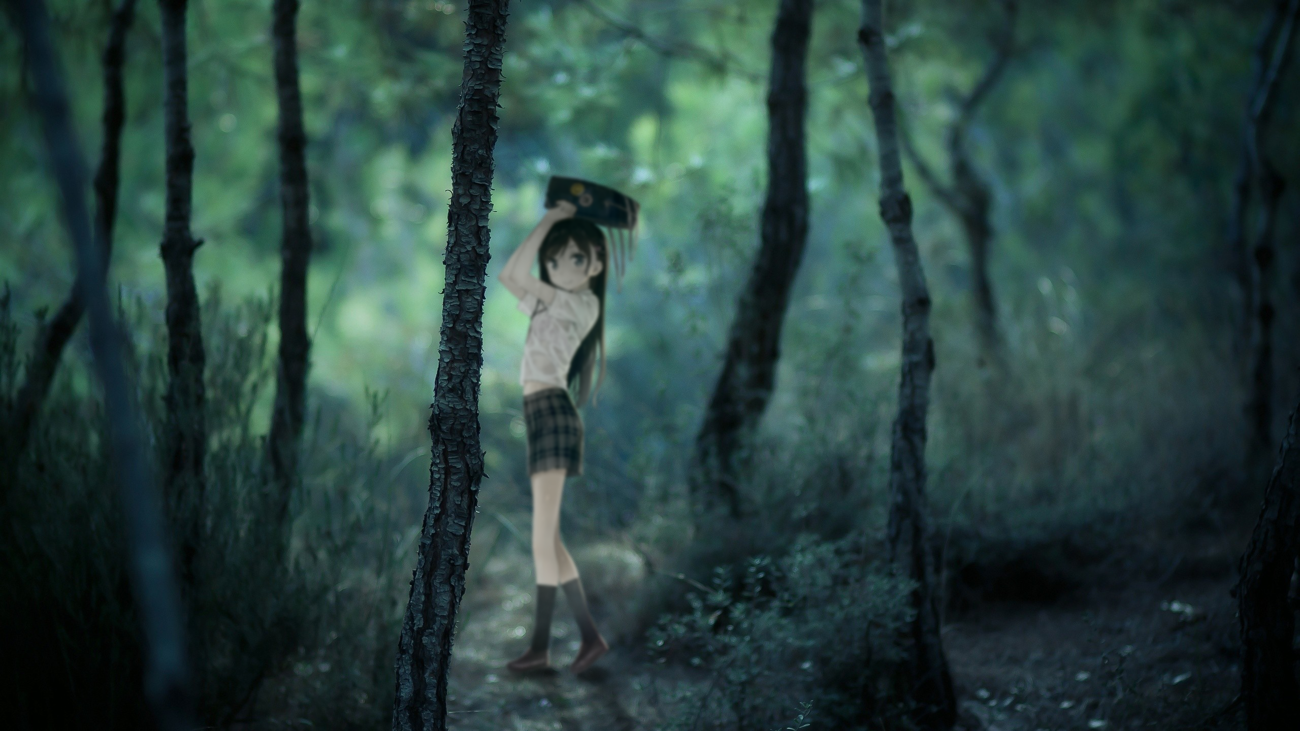 Anime 2560x1440 forest grass Kantoku schoolgirl anime girls