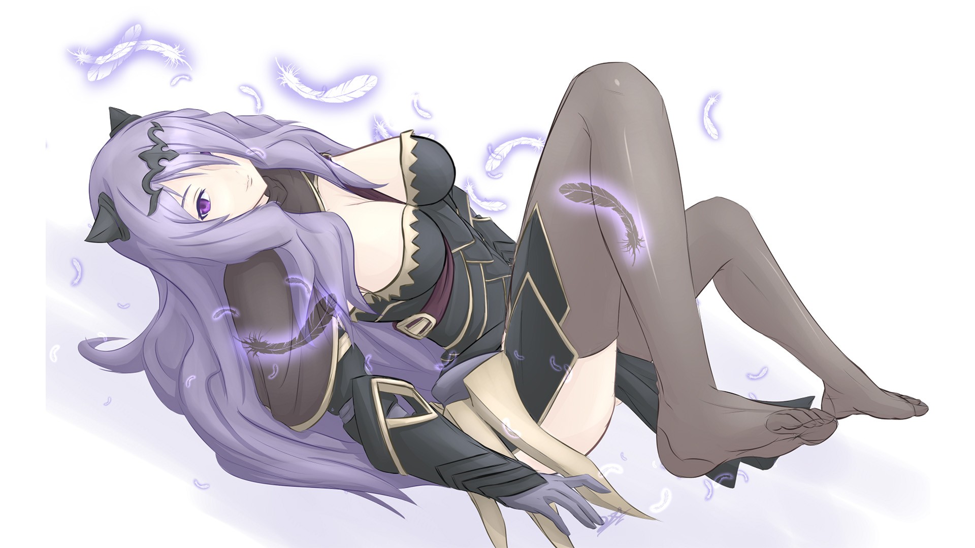 Anime 1920x1080 Camilla (Fire Emblem) Fire Emblem looking at viewer purple hair thigh-highs boobs big boobs video game girls video games video game art legs stockings hair over one eye long hair feathers simple background white background