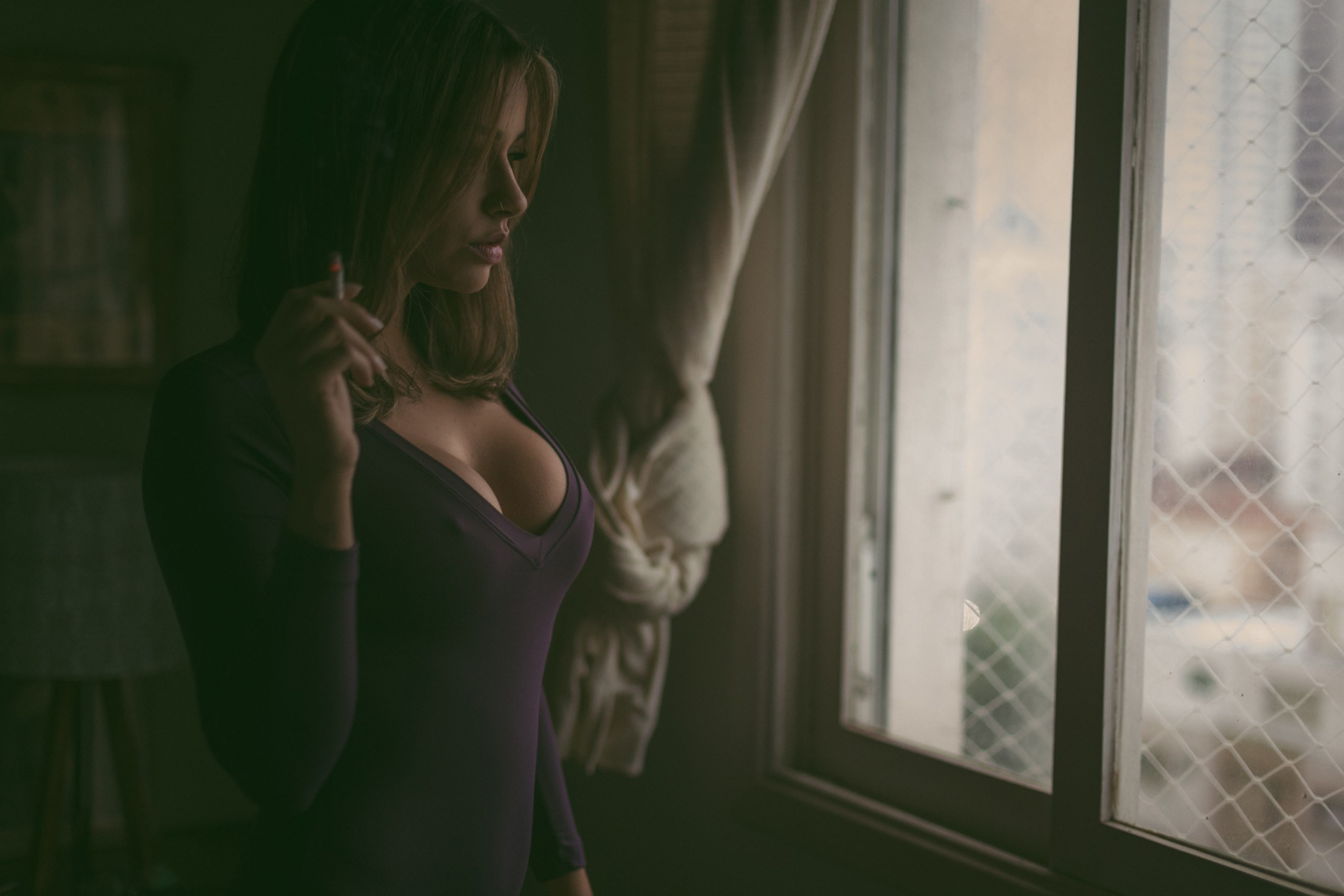 People 2550x1700 Amanda Oliveira women model indoors women indoors boobs nose ring by the window window looking out window nipple bulge purple clothing lipstick