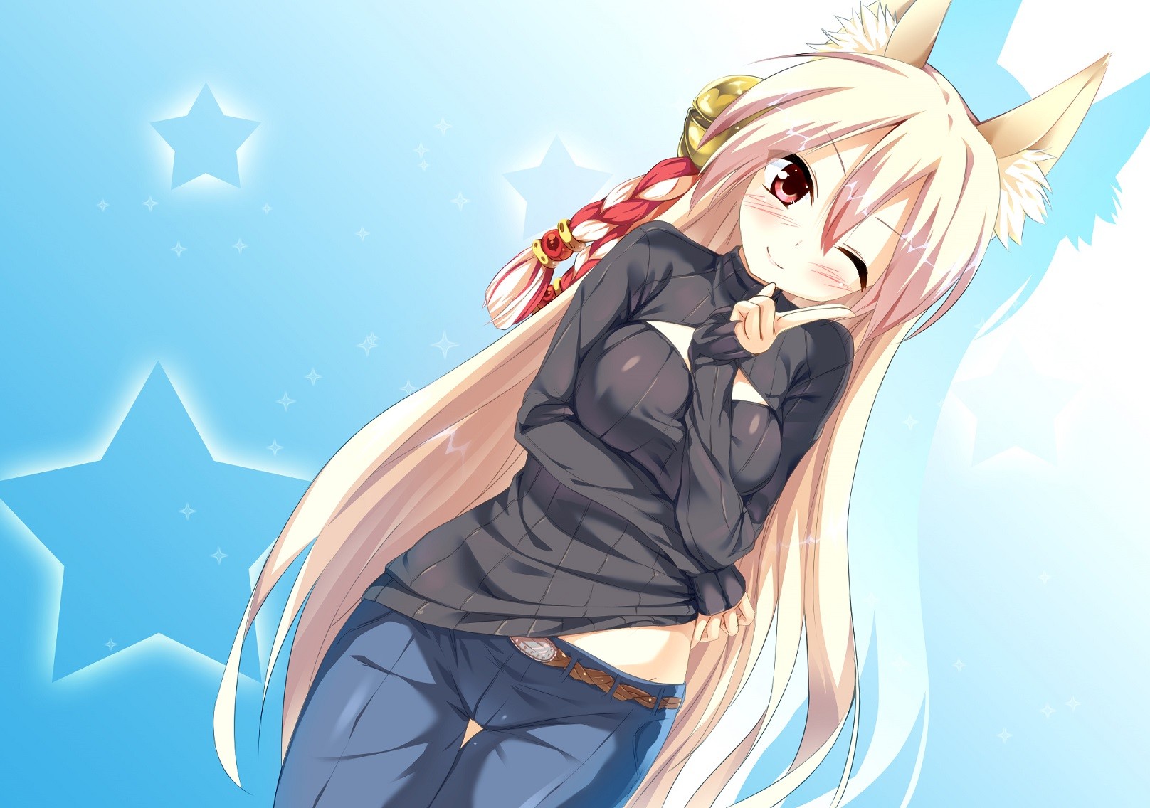 Anime 1616x1136 anime anime girls long hair blonde animal ears red eyes belt wink smiling fox ears cyan fox girl boobs one eye closed hand gesture blue background Pixiv looking at viewer black clothing jeans