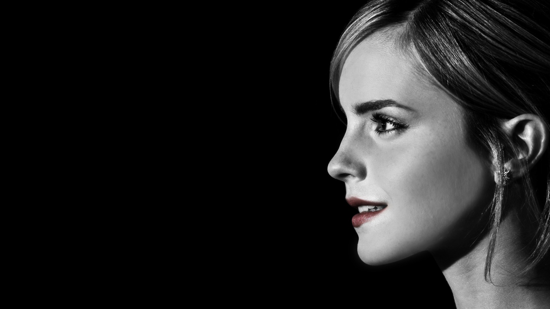 People 1920x1080 Emma Watson women looking away red lipstick face profile selective coloring British women actress simple background black background