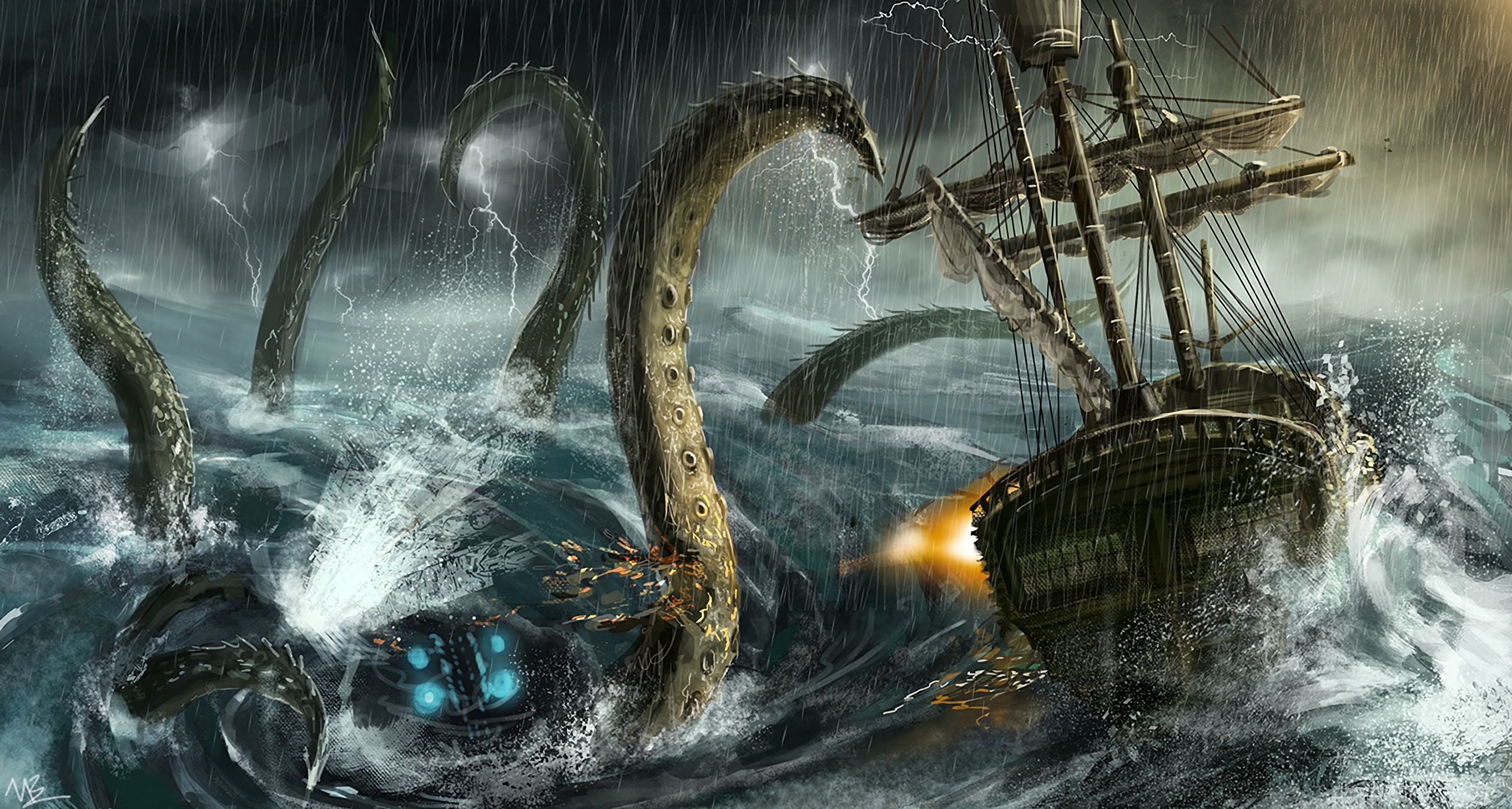 General 2600x1392 artwork fantasy art rain sea tentacles sea monsters sailing ship digital art