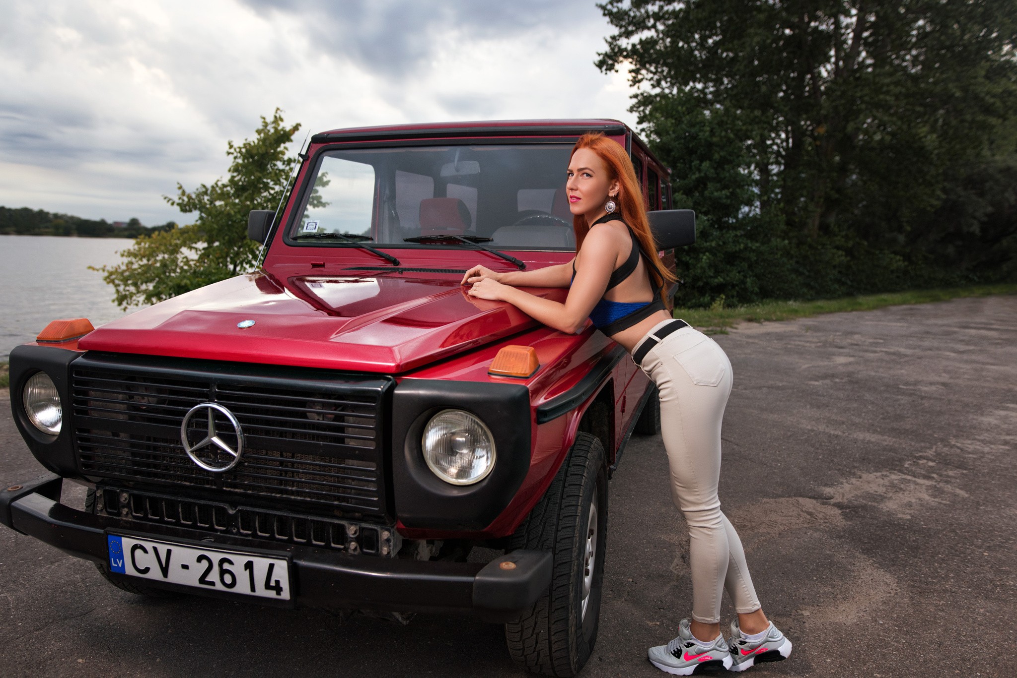 People 2048x1367 women redhead pants jeans car women outdoors sneakers looking away long hair Aleksandr Leonov Mercedes-Benz German cars