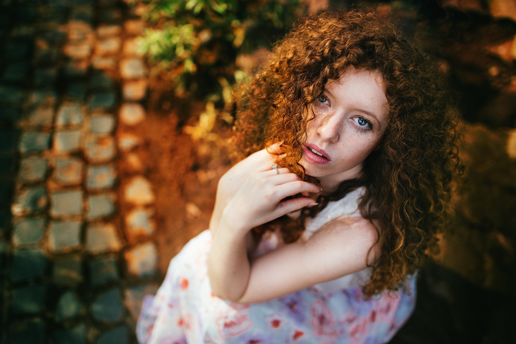 People 2048x1366 women brunette curly hair blue eyes dress looking at viewer hands in hair freckles women outdoors