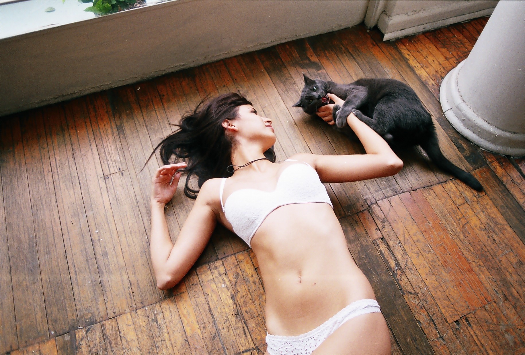 People 1831x1240 women brunette on the floor lying on back looking away underwear white bra white panties belly cats black cats animals pet white lingerie women indoors indoors model mammals