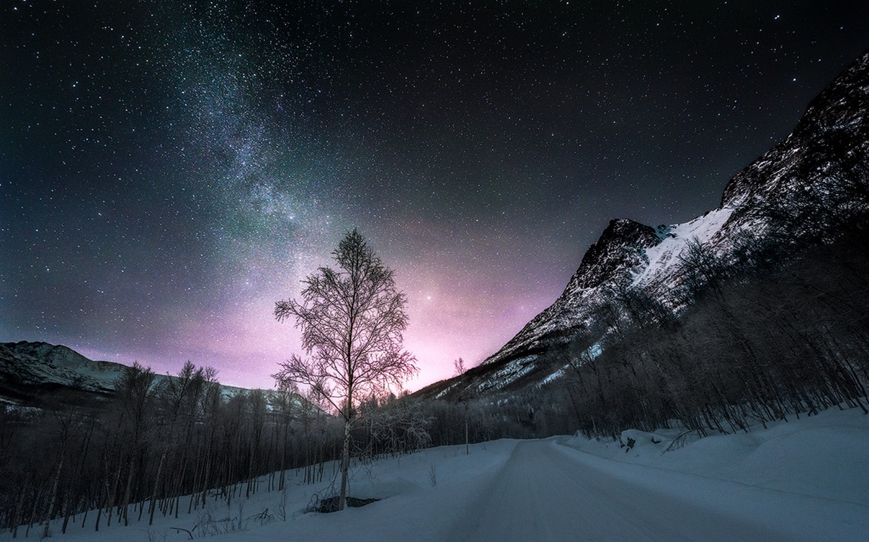 General 1230x768 nature landscape long exposure winter road Norway starry night forest mountains snow