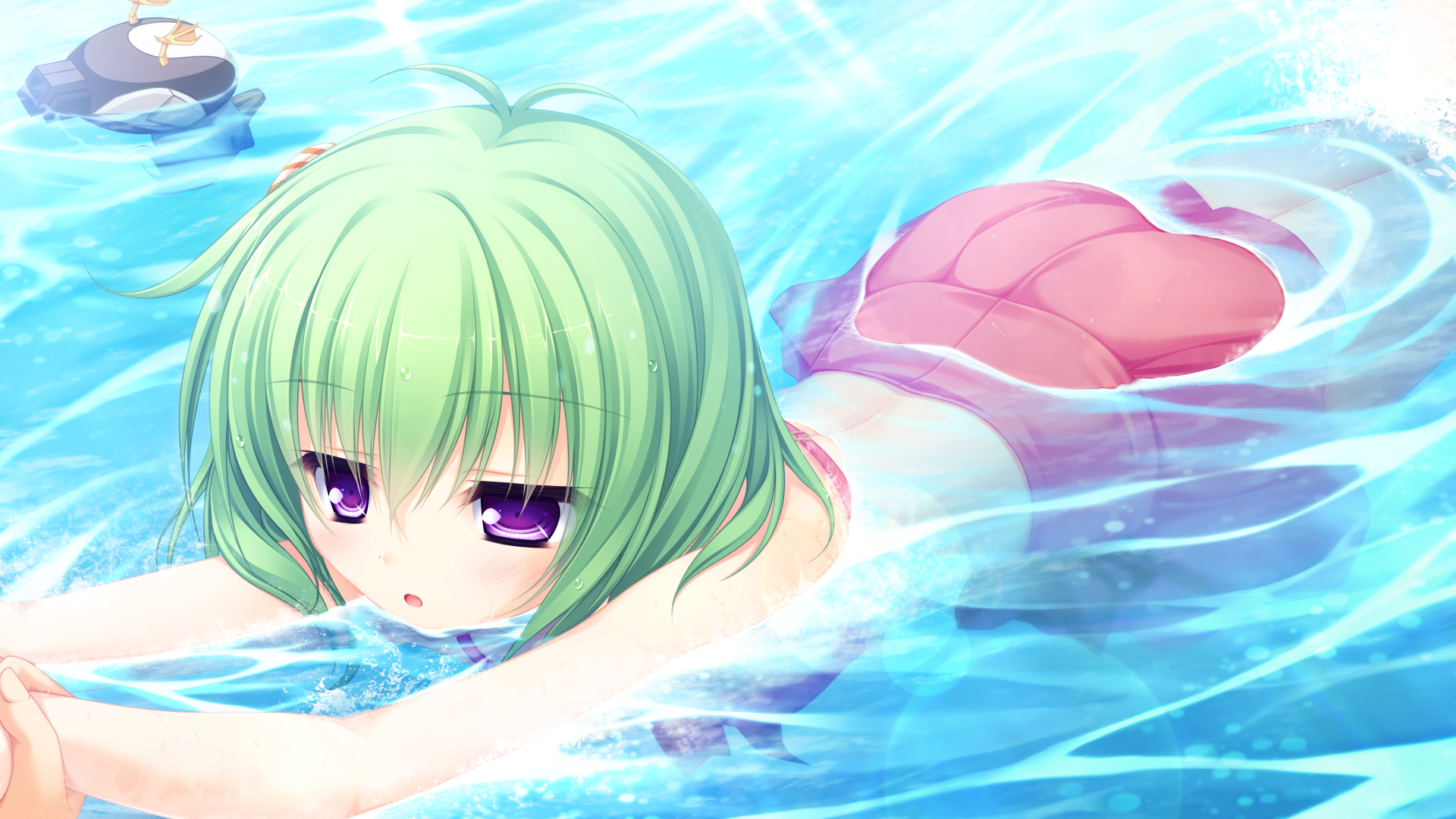 Anime 1920x1080 anime girls anime swimwear Justy x Nasty Mikagami Mamizu in water water green hair purple eyes swimming