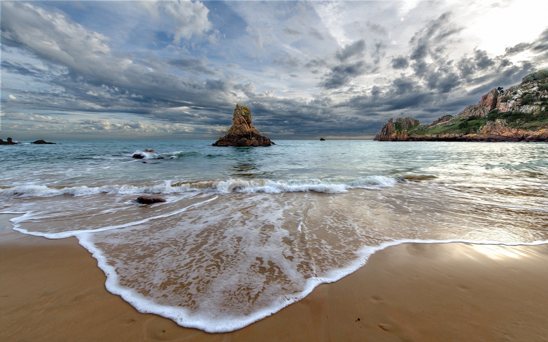 General 1920x1200 nature landscape beach sea morning rocks sand cliff water clouds