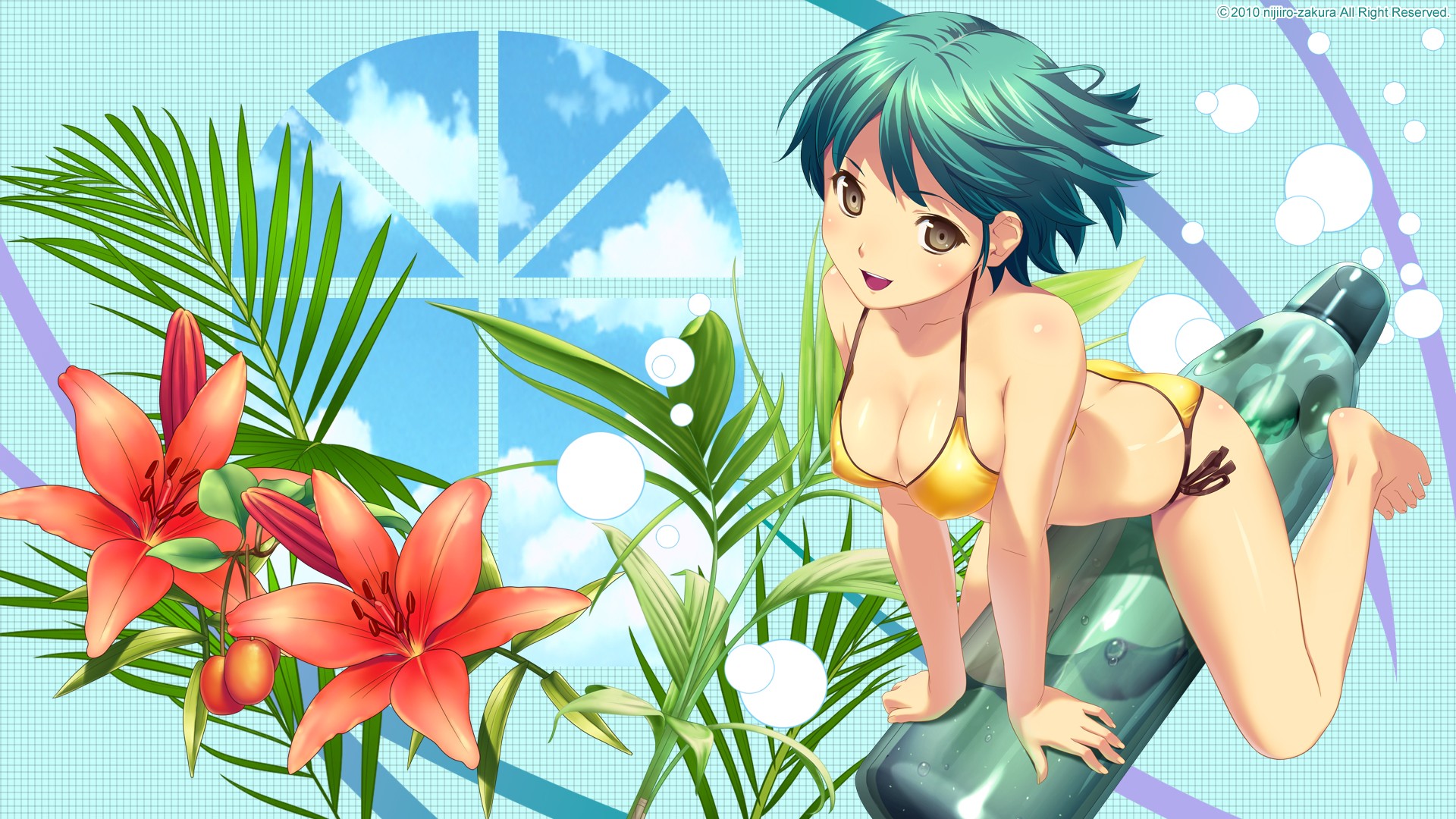 Anime 1920x1080 anime girls anime bikini boobs flowers plants blue hair Koutaro yellow bikini cyan hair 2010 (Year)