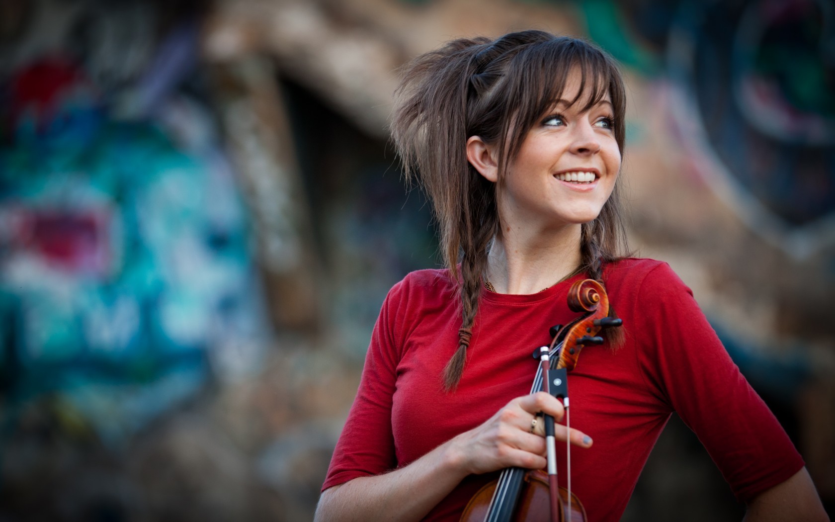 People 1680x1050 smiling violin women celebrity musician red clothing Lindsey Stirling