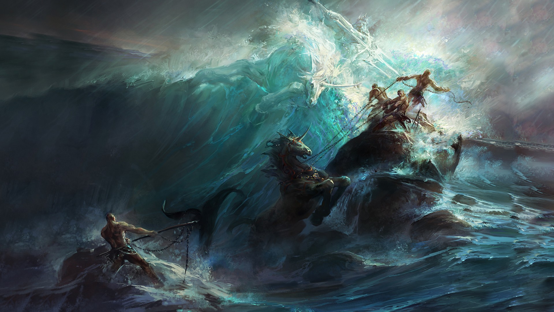 General 1920x1080 digital art vector art Poseidon painting fantasy art turquoise cyan sea gods