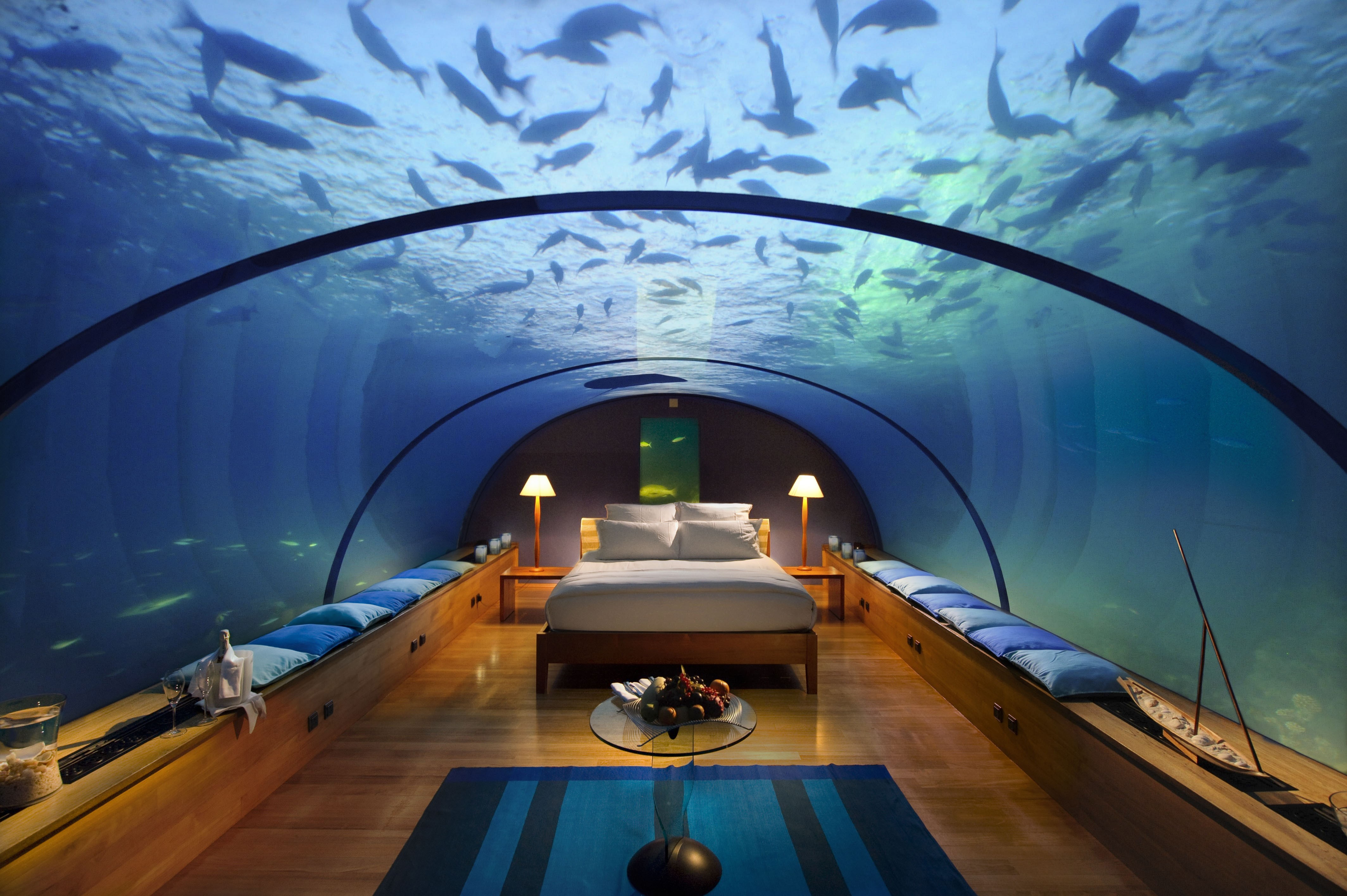 General 4256x2832 bedroom underwater fish aquarium hotel interior design