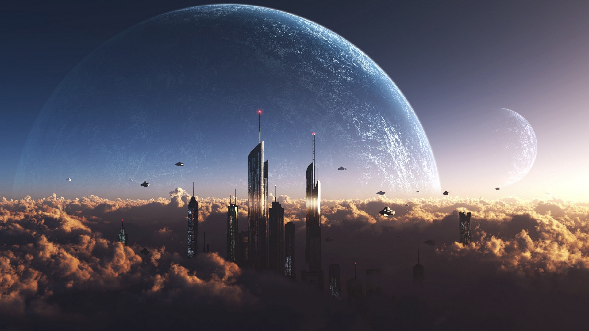 General 1920x1080 city spaceship digital art science fiction futuristic city sky clouds cityscape monochrome