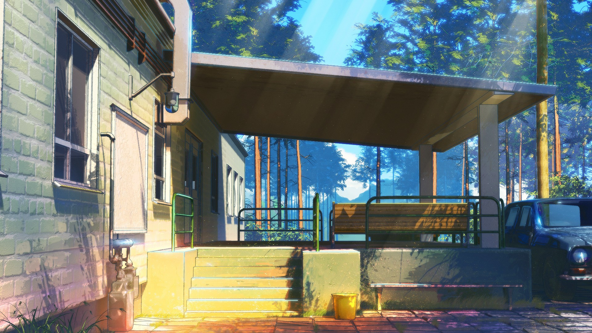 Anime 1920x1080 sunlight steps building bench