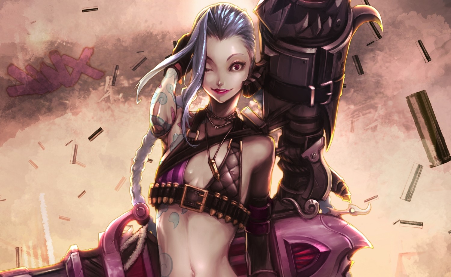 General 1500x921 Jinx (League of Legends) League of Legends blue hair video game characters PC gaming video game girls one eye closed belly inked girls video game art