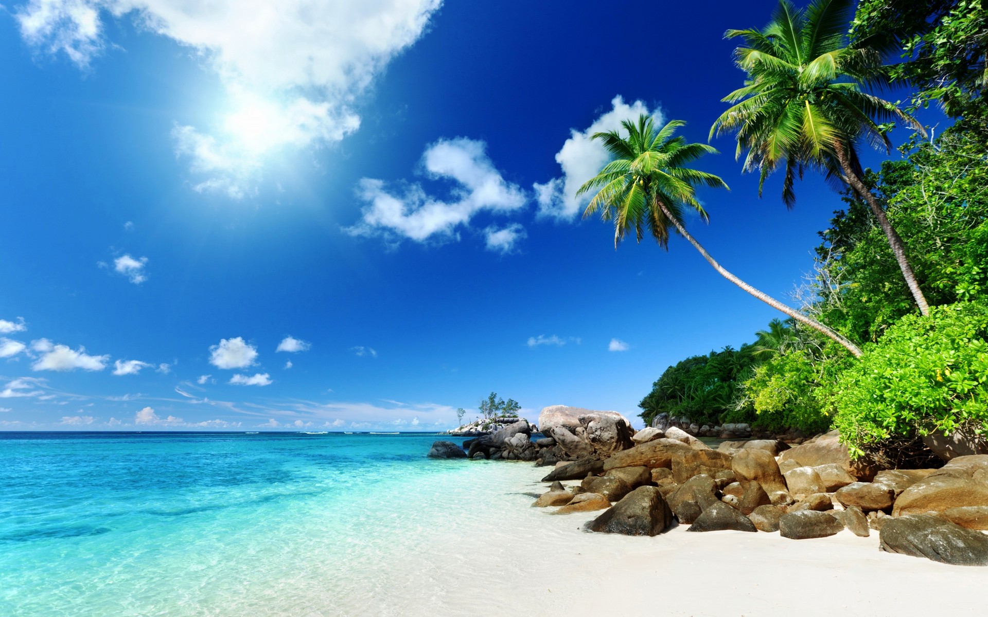 General 1920x1200 nature tropical island clouds palm trees sea stones