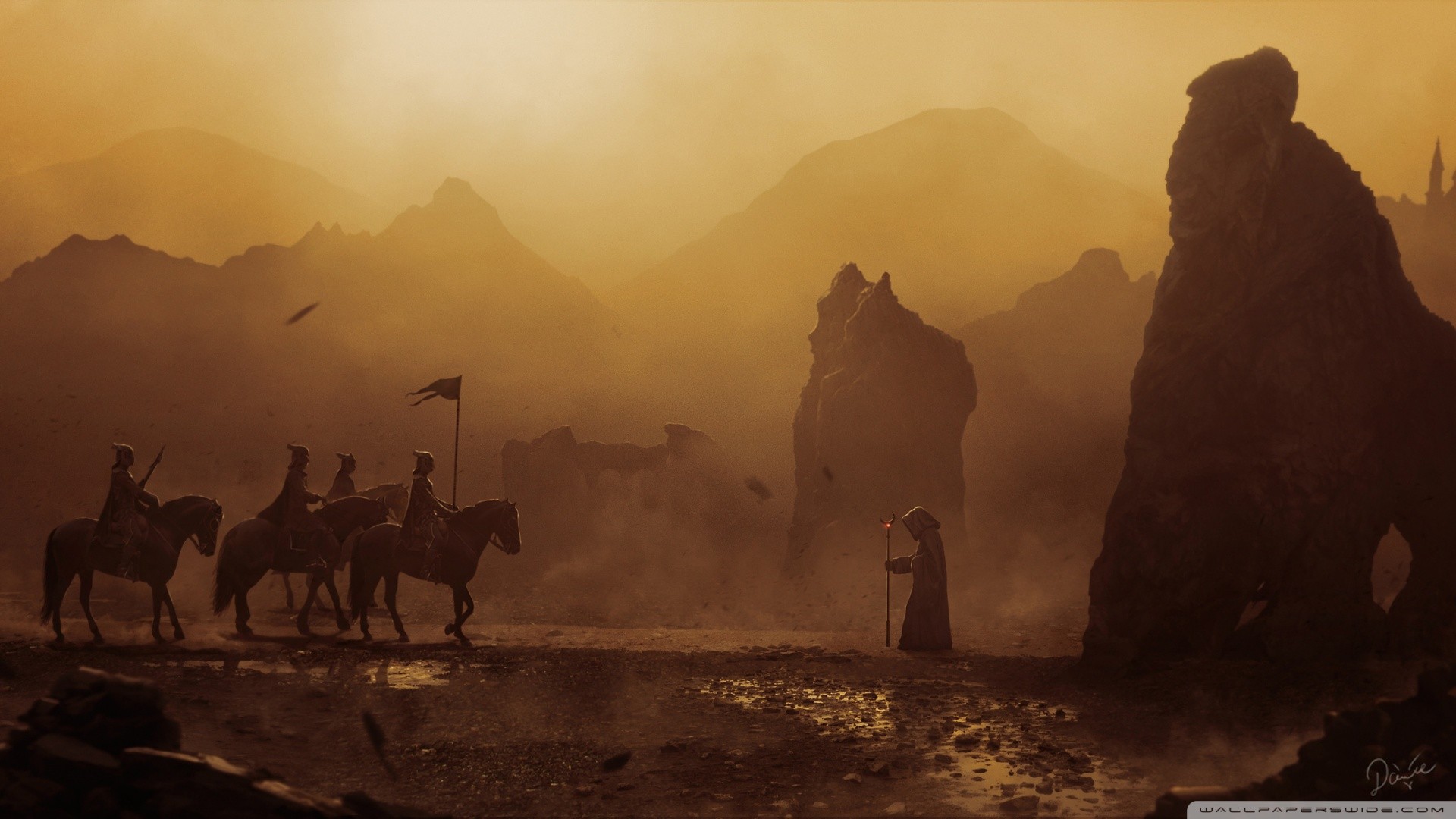 General 1920x1080 fantasy art landscape sunlight artwork horse sky rocks banner