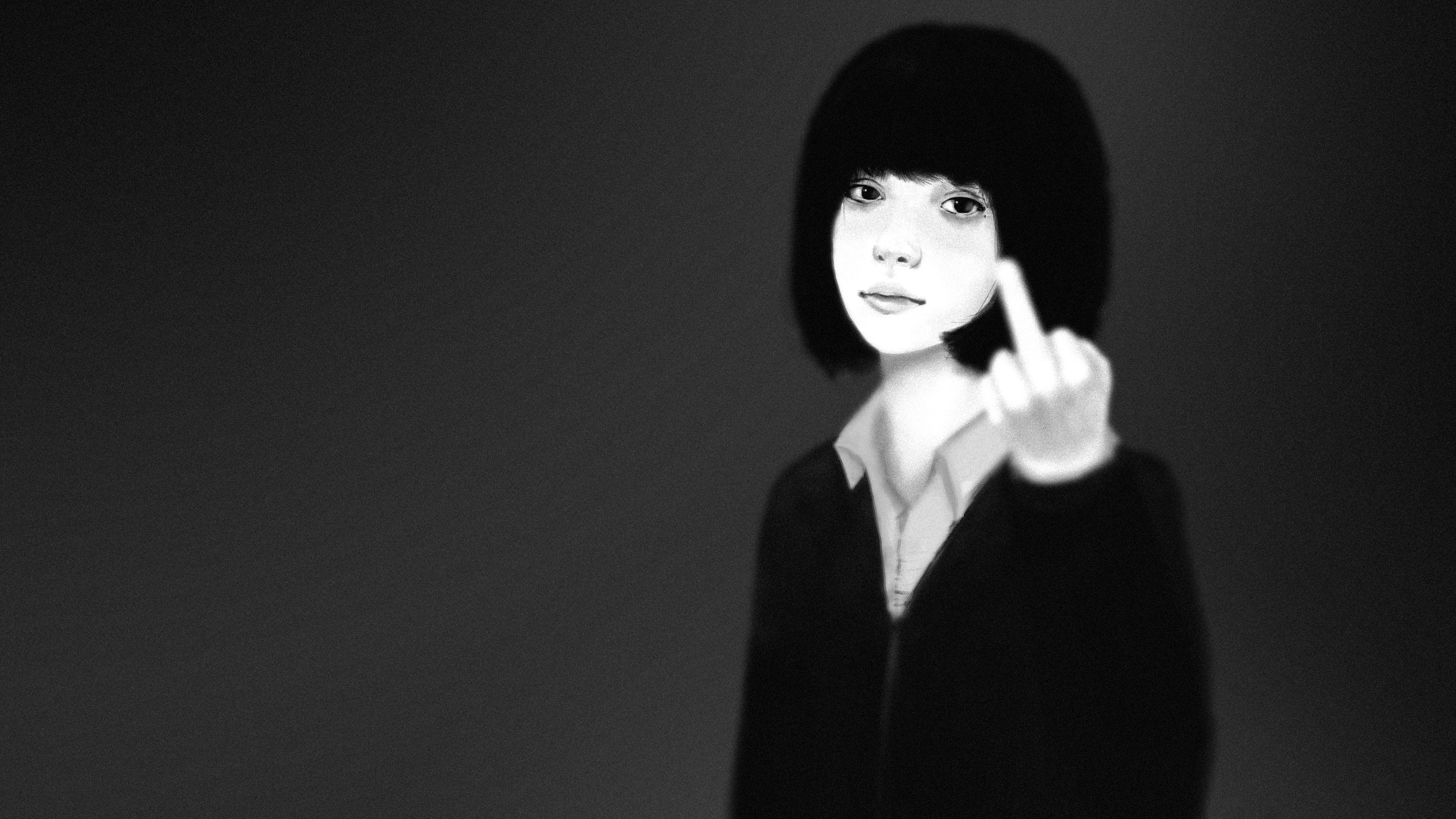 General 3840x2160 middle finger children artwork monochrome looking at viewer simple background black background